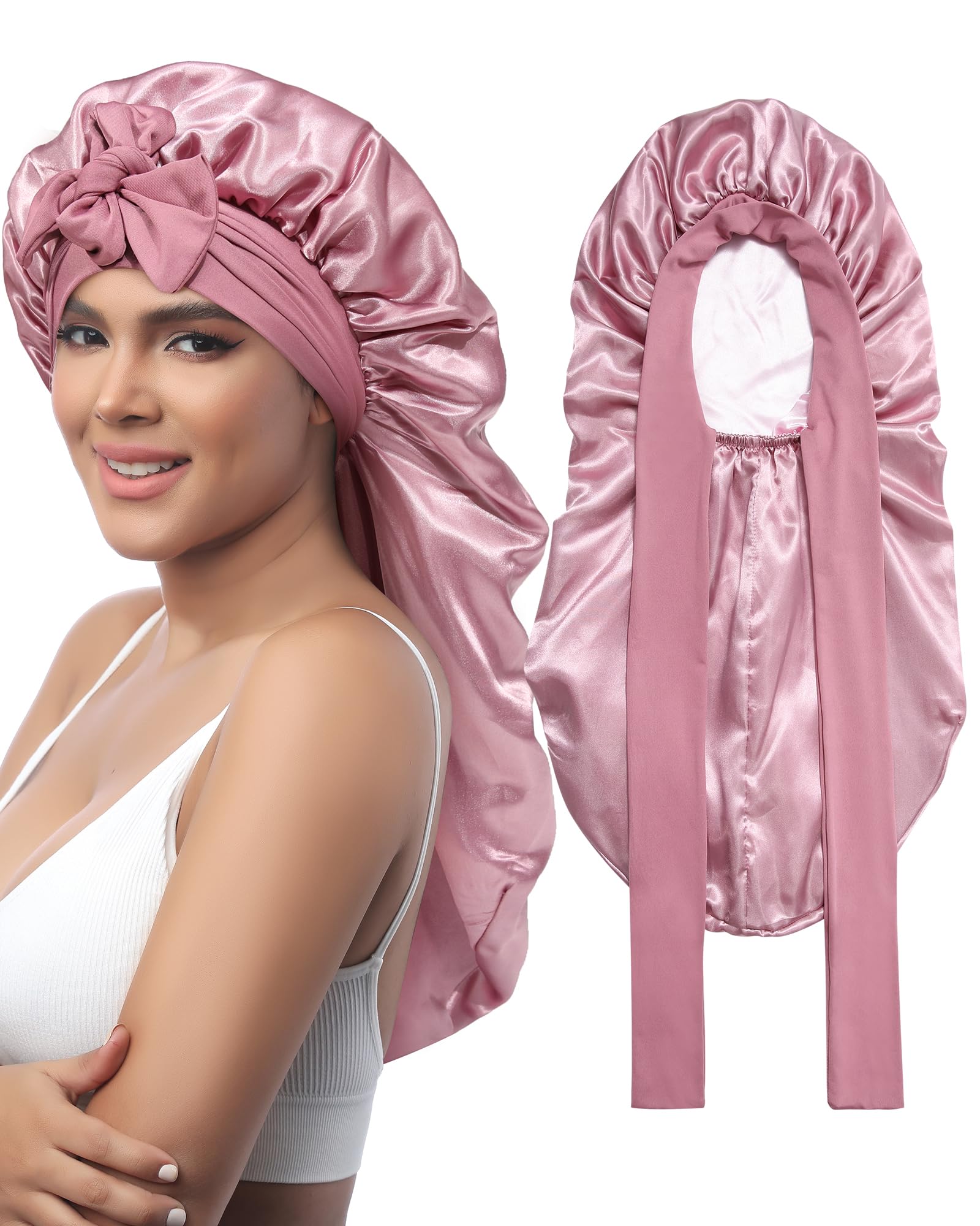 AWAYTR Long Satin Bonnet for Sleeping - Double Layer Reversible Silk Bonnet for Long Hair Women Sleeping Cap with Tie Band (Rose