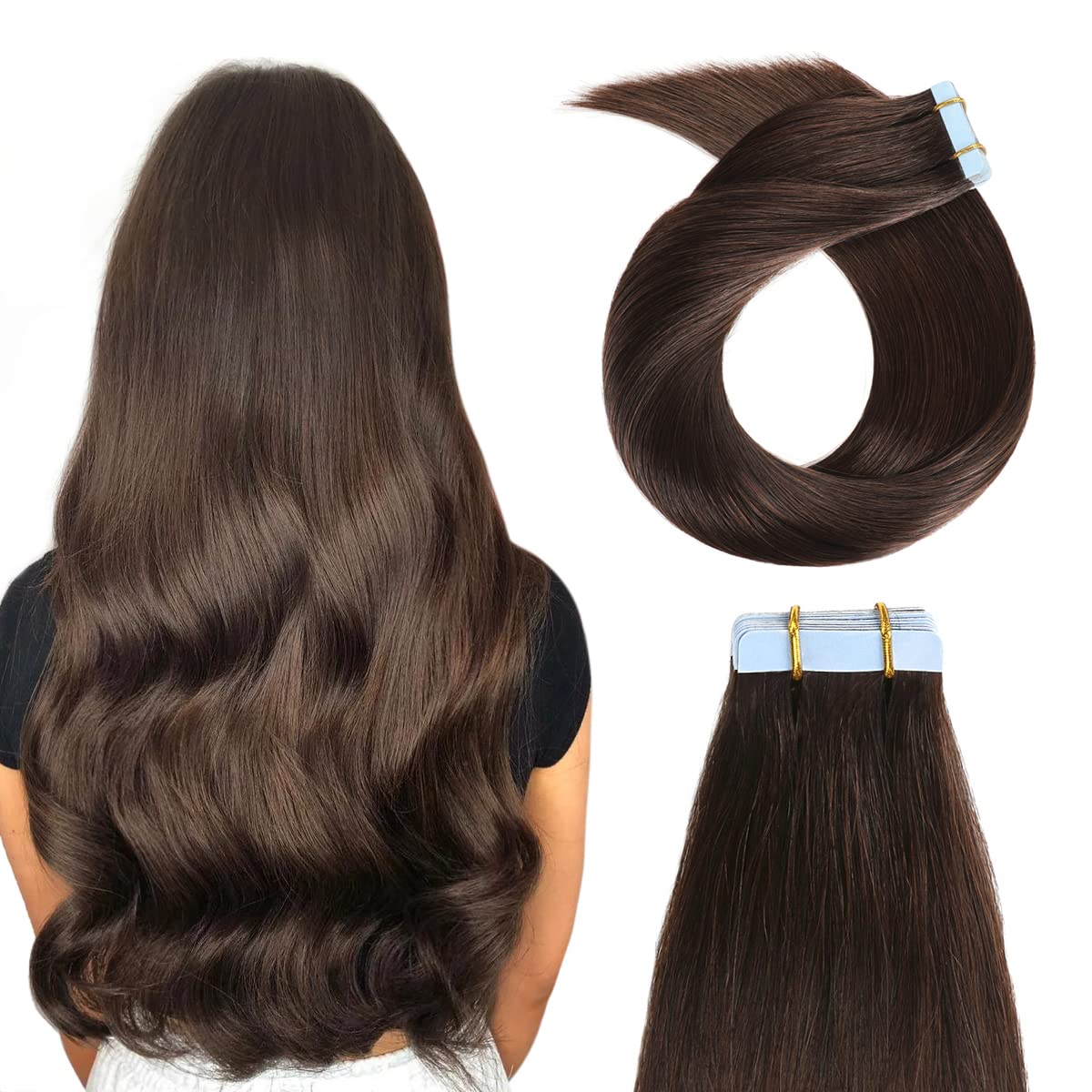 Yilite Tape In Hair Extensions Human Hair #2 Darkest Brown 14Inch Silky Straight Real Natural Remy Tape In Human Hair Extensions