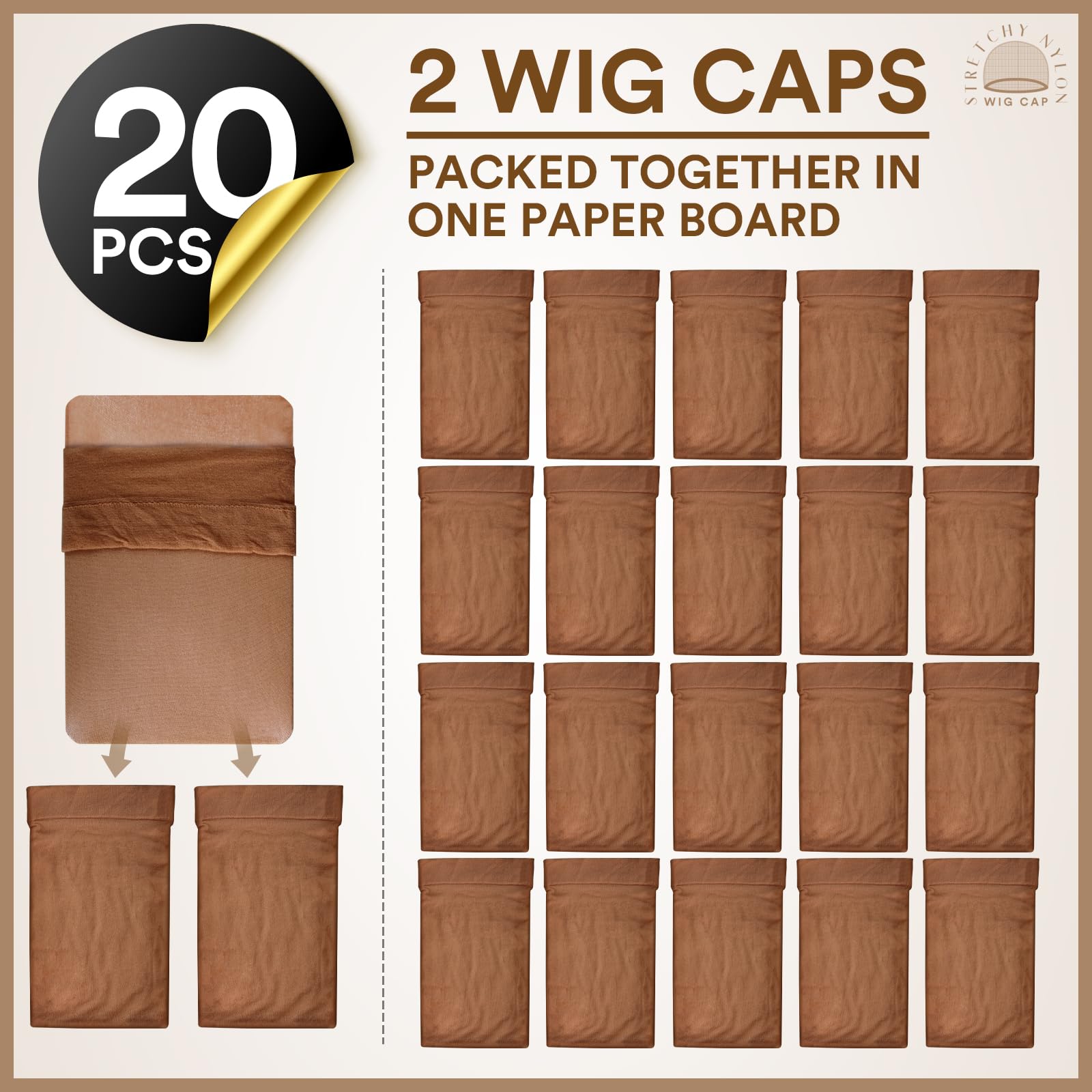 Teenitor Wig Cap, 20 Pack Brown Stocking Cap Stretchy Nylon Wig Caps, Skin Tone Stocking Cap Wig Caps Application For Women Men-