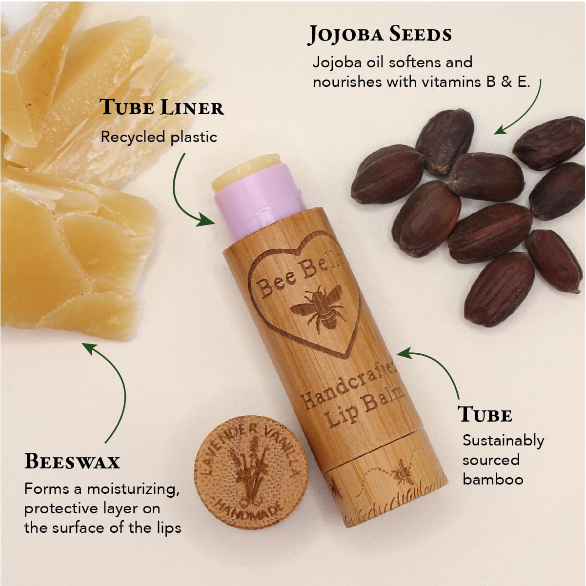 Bee Bella Lip Balm, Lavender Vanilla, 3 Pack - Hydrating, Moisturizing Lip Care, 100% Natural, Original Organic Beeswax With Vit