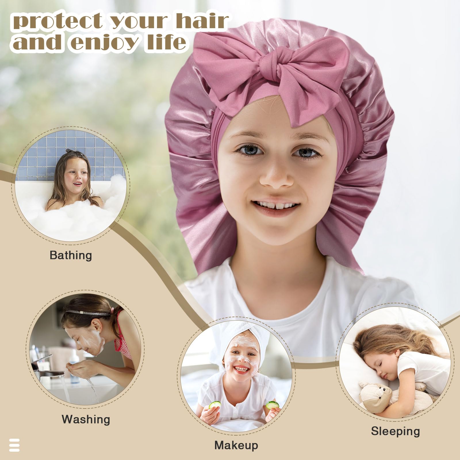 Kids Long Hair Bonnet For Sleeping - Double Layer Girls Elastic Satin Bonnet With Tie Band For Braid Curly Hair (Rose Gold+Pink)