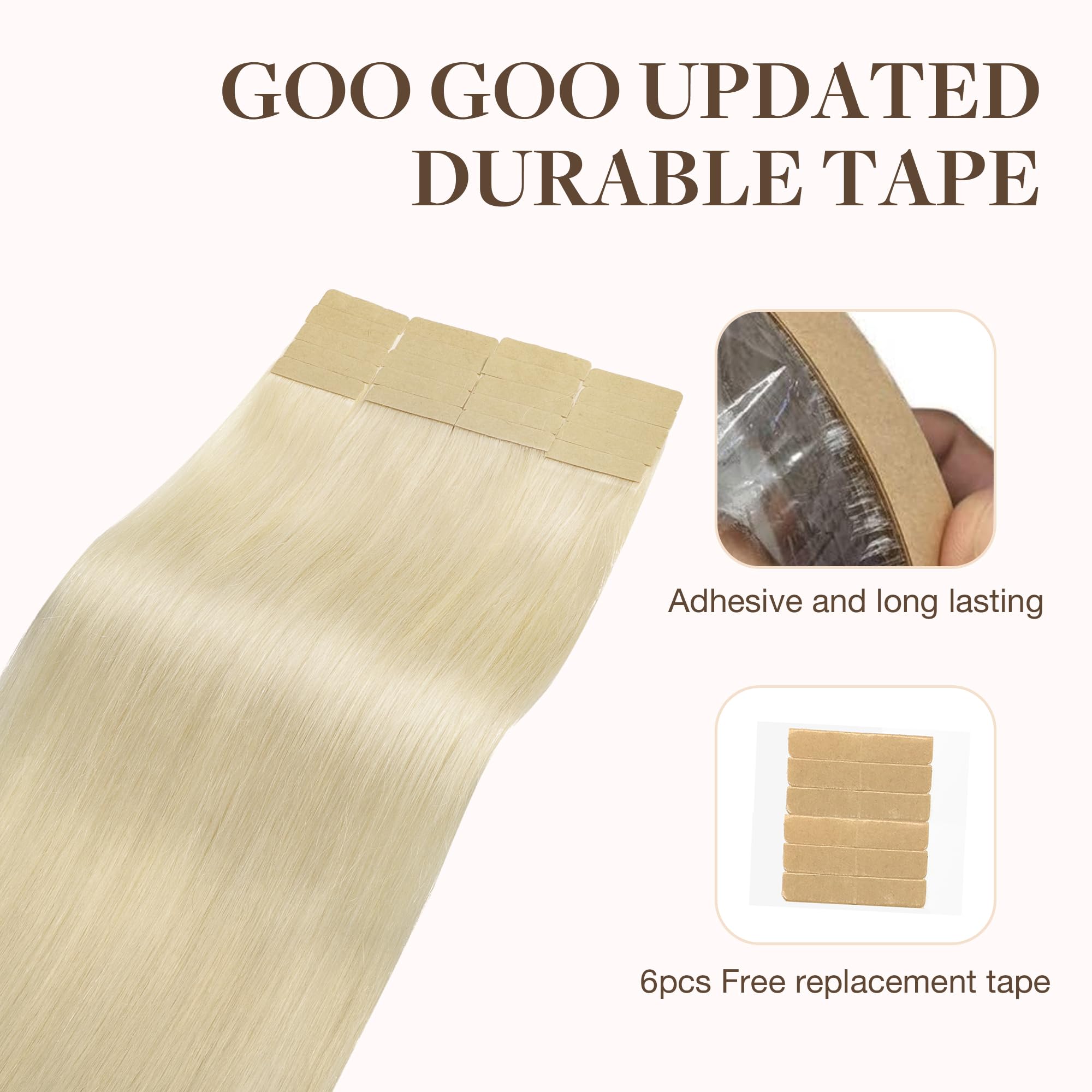 Goo Goo Tape In Hair Extensions Human Hair, 60A Platinum Blonde, 10Inch 30G 20Pcs, Thick Ends Straight Seamless Tape In, Invisib