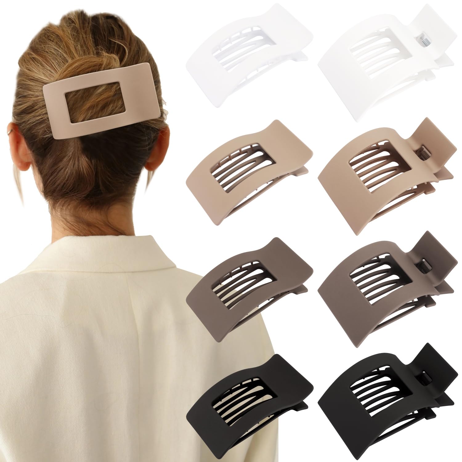 Velscrun Flat Hair Clips for Women Girls, 2 Styles 8 Pcs Lay Flat Claw Clips, Strong Hold French Duck Billed Large Side Hair Jaw