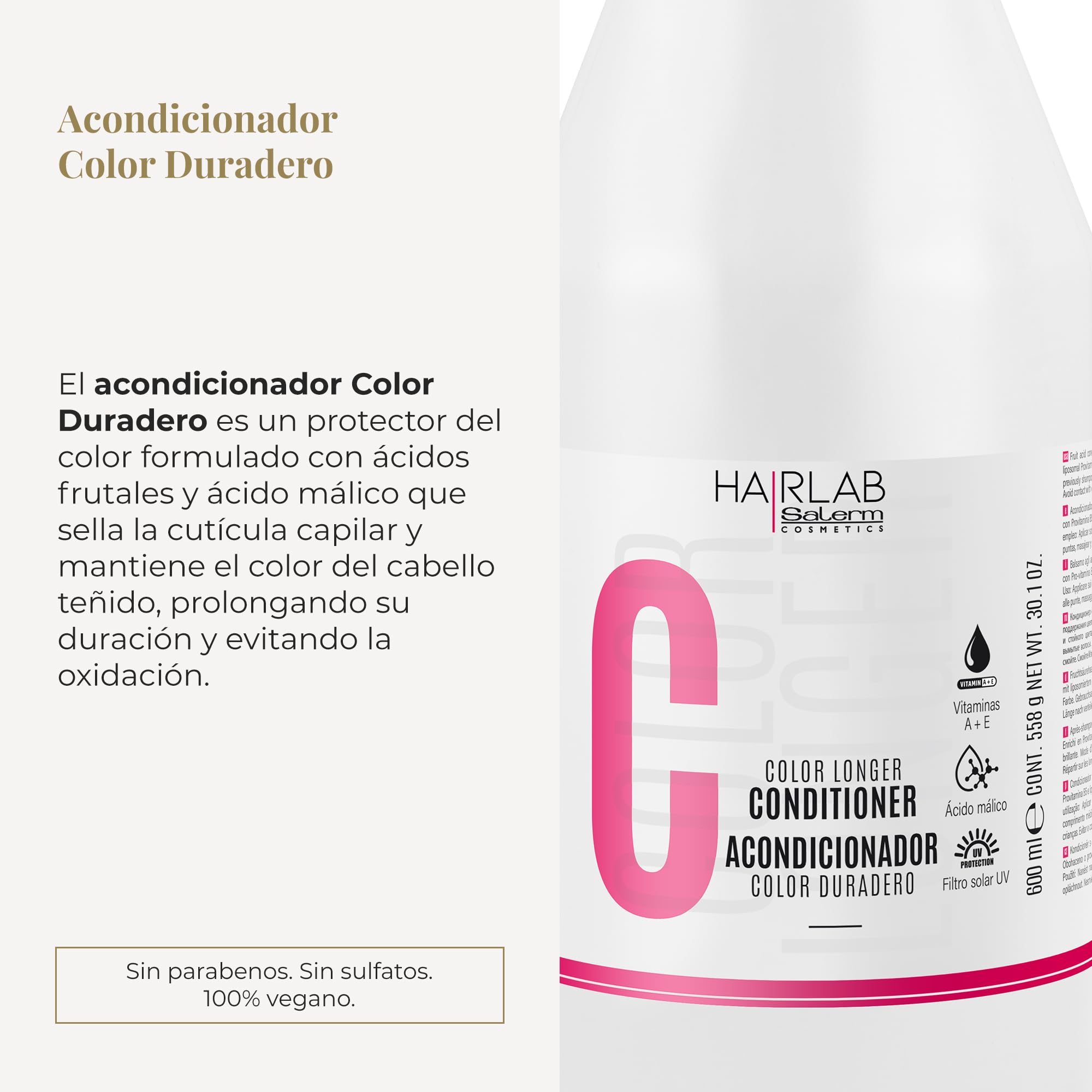 SALERM - Dyed Hair Conditioner - Color Longer Hair Lab - 600 ml - with Provitamin B5 and Vitamins A and E - Seals and Maintains