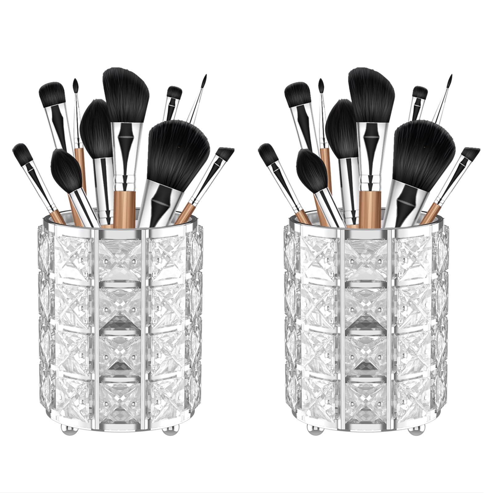 LUGUNU Makeup Brush Holder with Silver Crystal Bling - Elegant Vanity Organizer for Brushes, Pens & Pencils, Ideal for Bathroom 
