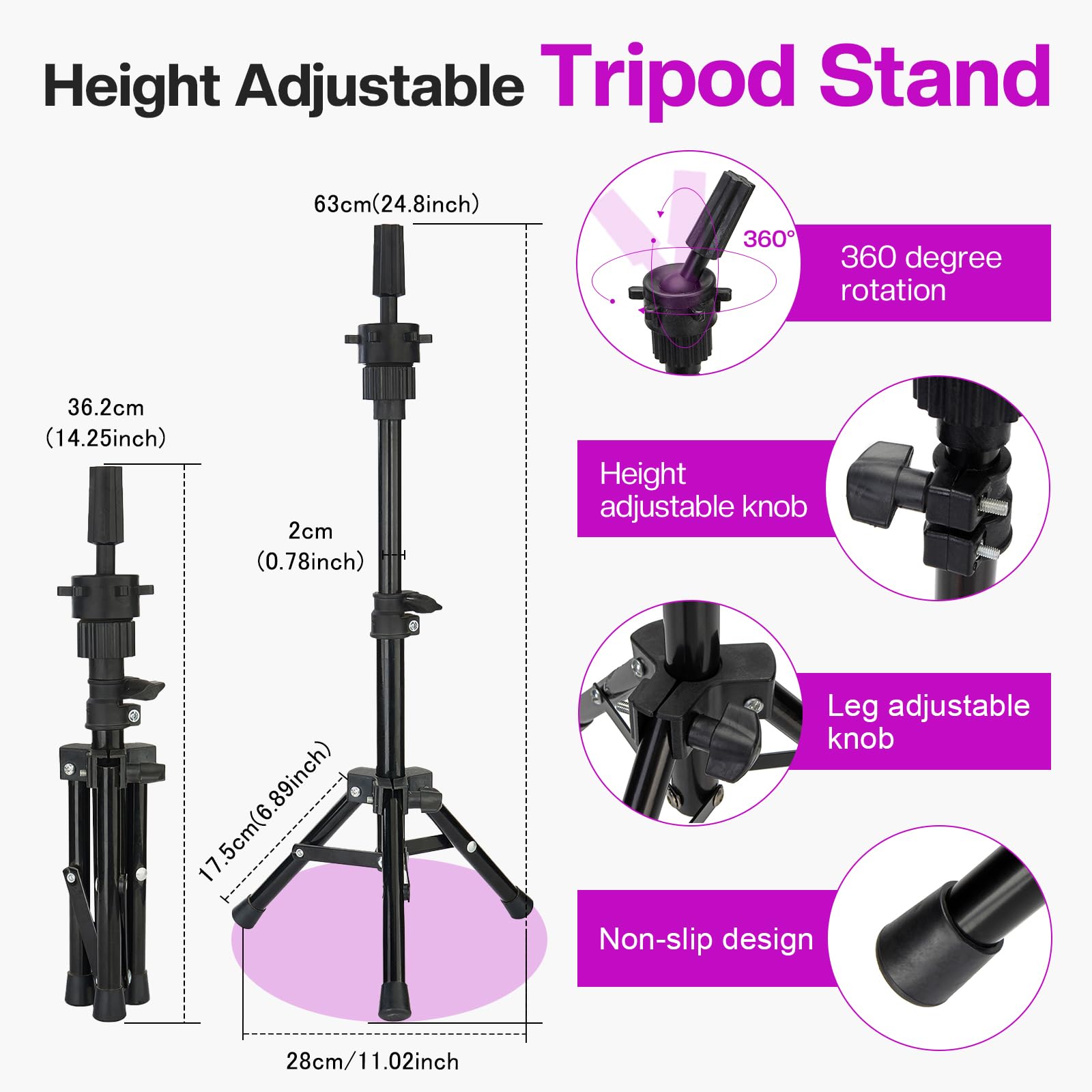 Neverland Beauty & Health 23 Inch Canvas Wig Head Stand Tripod Set, A-White, 6 Pieces with Mannequin Head, T Pins, and Brush