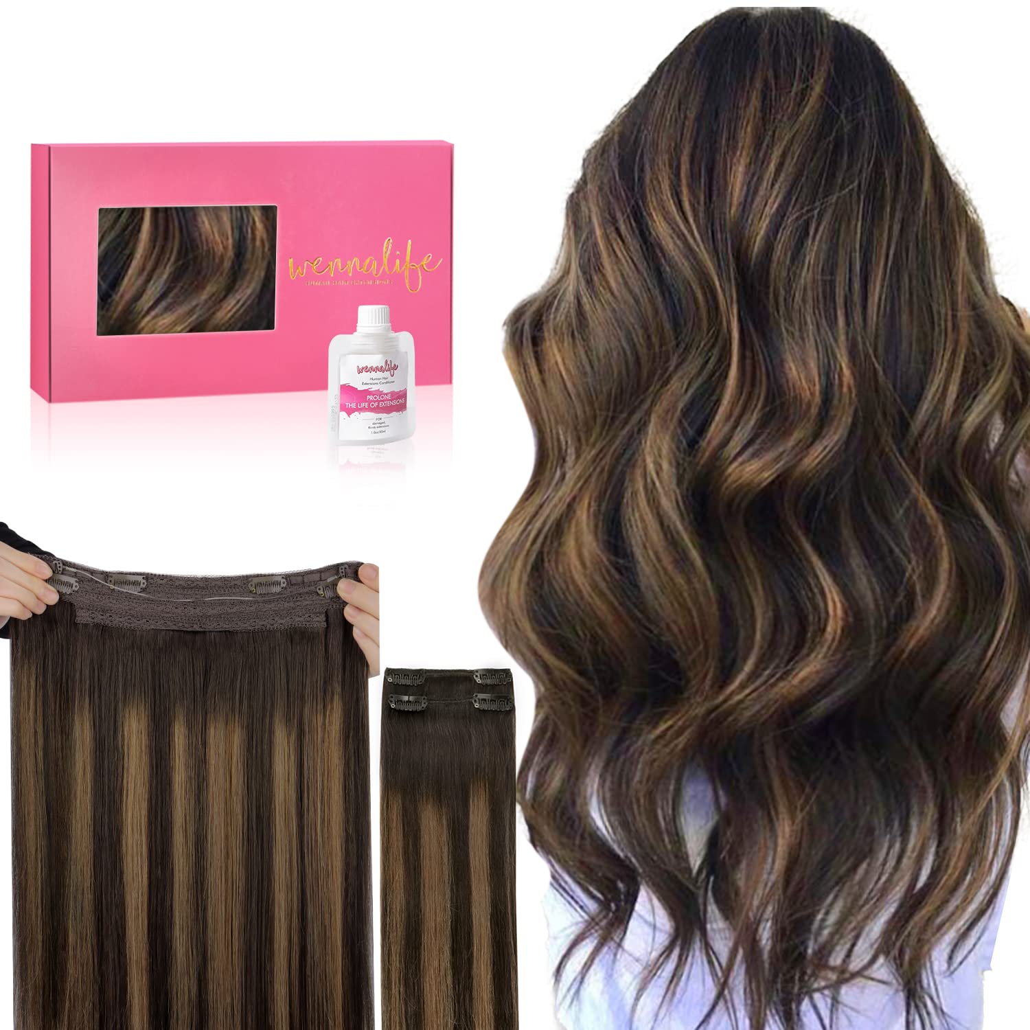 Wennalife Wire Hair Extensions (Increase 50% Lifespan) Real Human Hair 14 Inch 105G Balayage Dark Brown To Chestnut Brown Remy R
