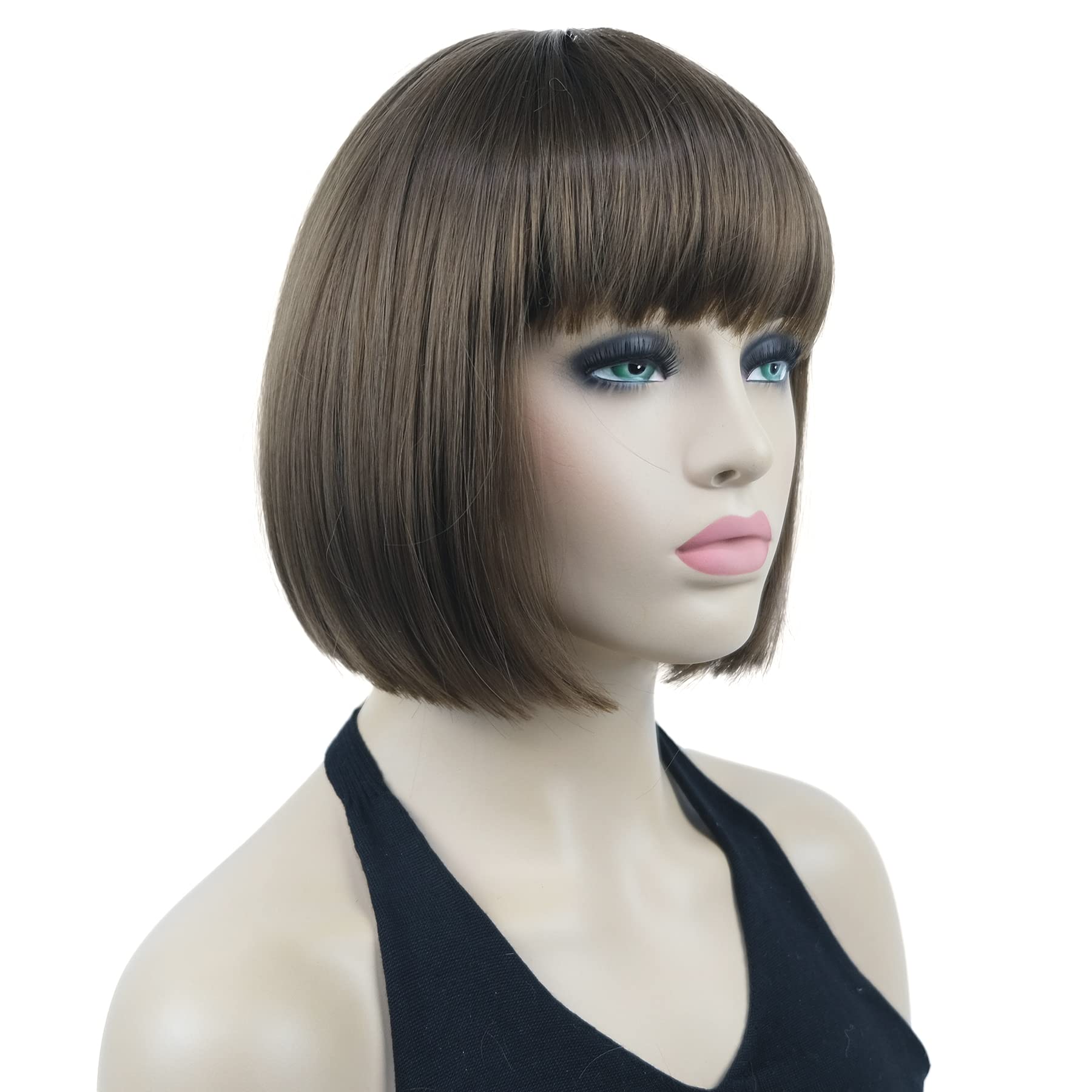 Lydell 8'' Straight Short Bob Wigs Heat Resistant Synthetic Hair Flat Bangs Cute Central Dot Skin (10 Medium Golden Brown)