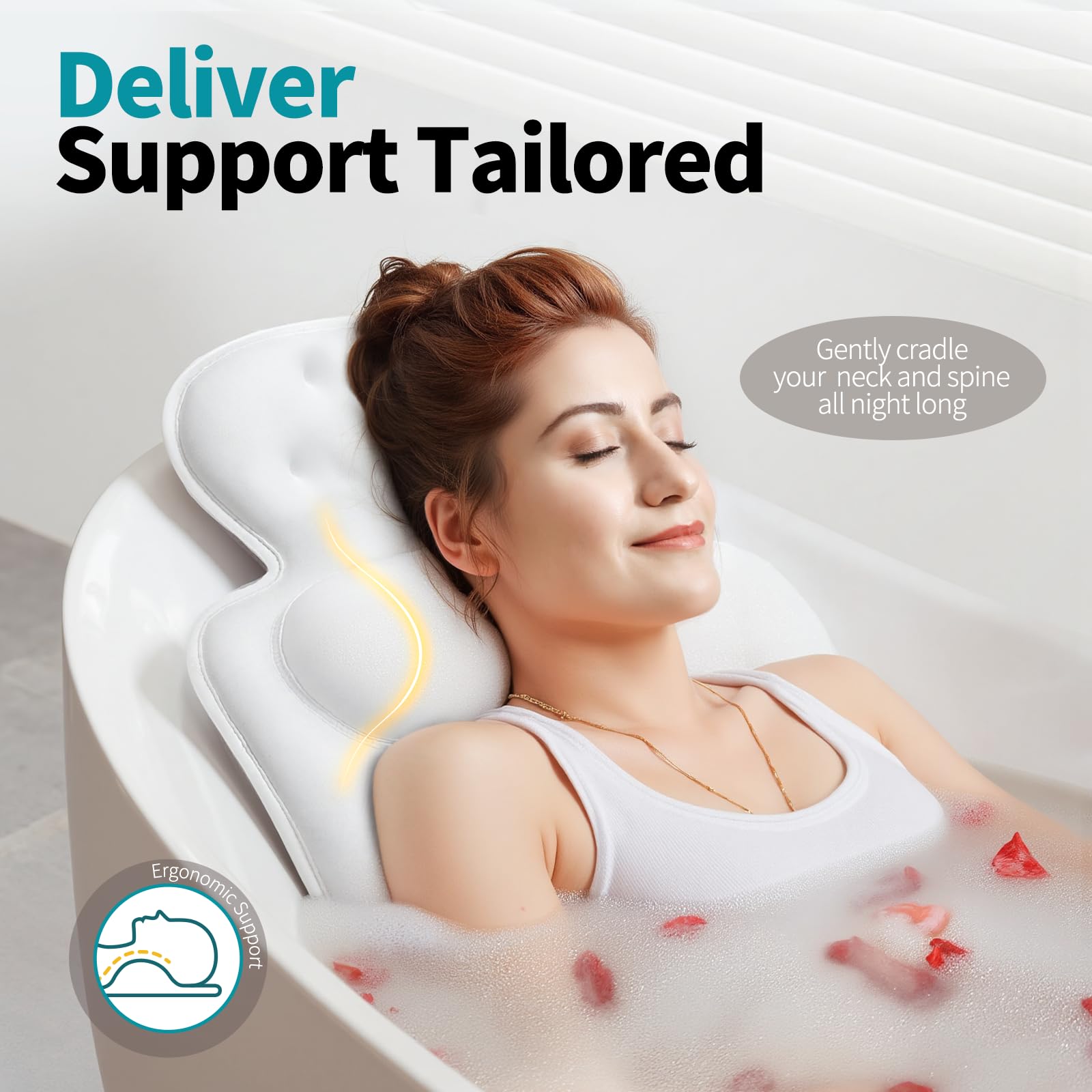 Bath Pillows for Tub, Skin Friendly Bathtub Cushion for Head and Neck with Soft 5D Mesh Fabric and 54 Non-Slip Suction Cups, Rel