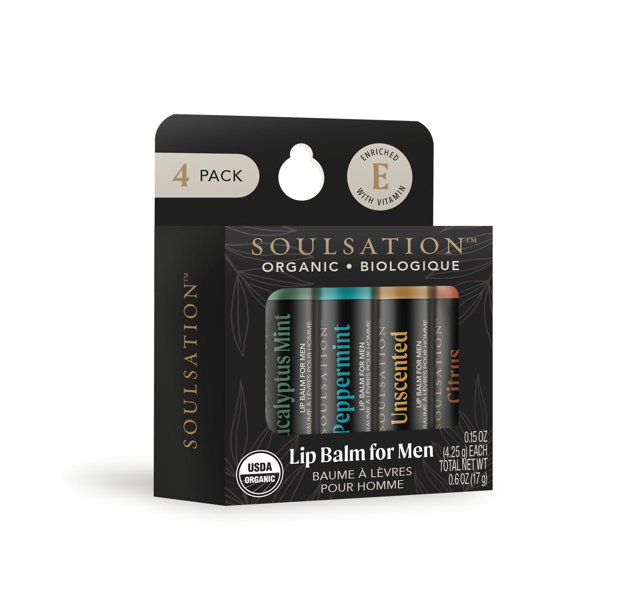 Soulsation Organic Lip Balm Set, 4 Flavors - For Men, Moisturizing for Cracked & Dry Lips
