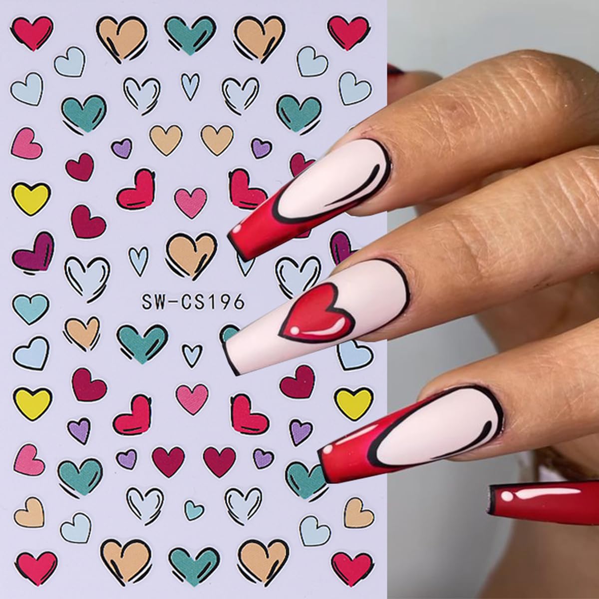 Valentine'S Day Nail Art Stickers Decals Colored Heart Nail Stickers For Nail Art 6Pcs Retro Graffiti Letter Heart 3D Self-Adhes