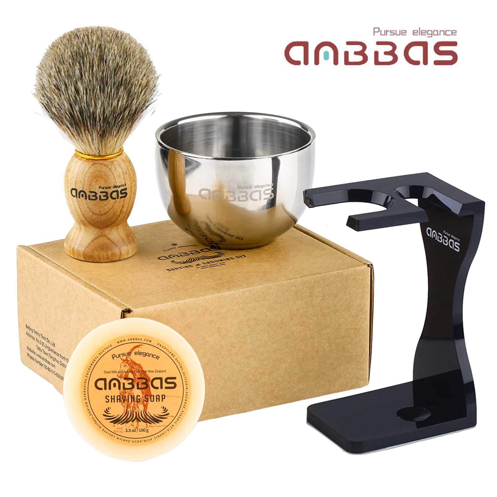 Shaving Set, Anbbas 4In1 Pure Badger Hair Shaving Brush Solid Manchurian Ash Wood Handle,Black Broken-Resistant Acrylic Shaving