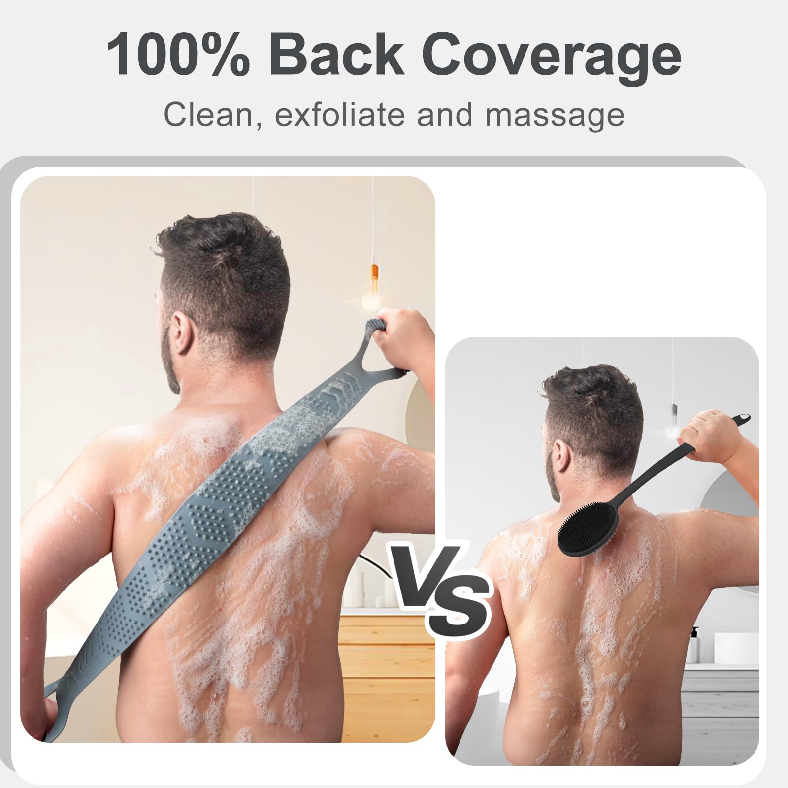 Silicone Back Scrubber For Shower Men, Dual-Sided Back Exfoliator Washer Scrub Strap - 100% Back Coverage To Clean, Exfoliate An