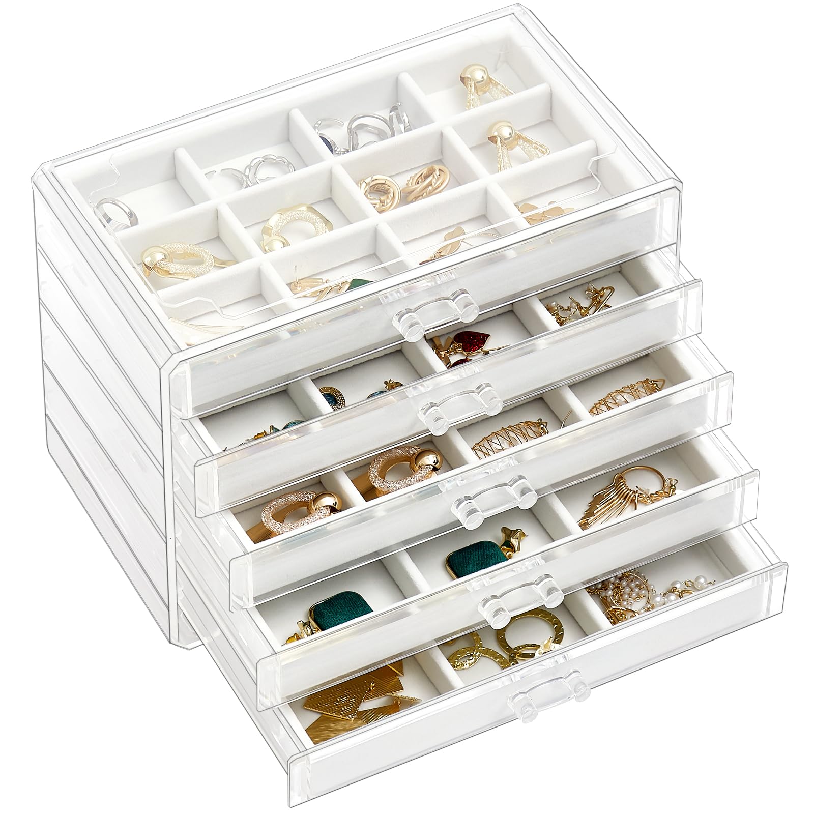 ProCase Earring Holder Organizer Jewelry Box with 5 Drawers, Acrylic Clear Earring Case with Adjustable Velvet Trays for Women -