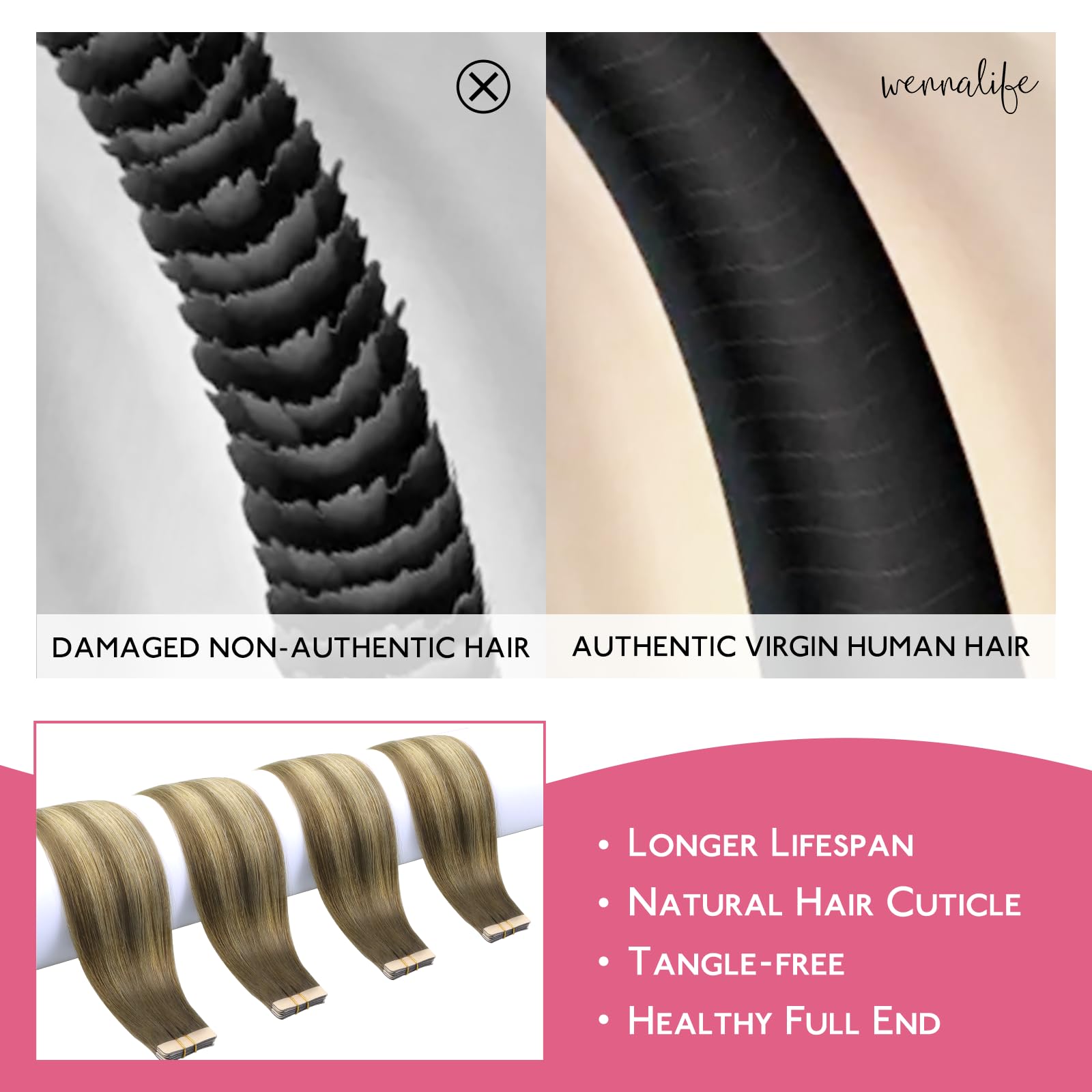 Wennalife Tape In Hair Extensions Human Hair Ombre Walnut Brown To Ash Brown And Bleach Blonde Tape In Extensions, 10Pcs 25G 18