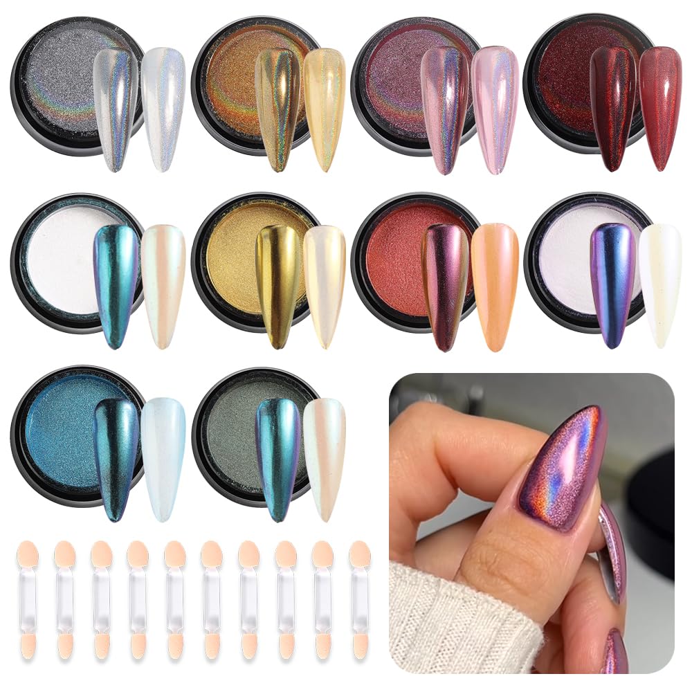 10Pcs Chrome Nail Powder Set, Holographic Unicorn Laser Nail Powder, Aurora Mermaid Iridescent Chameleon Mirror Effect Pigment G