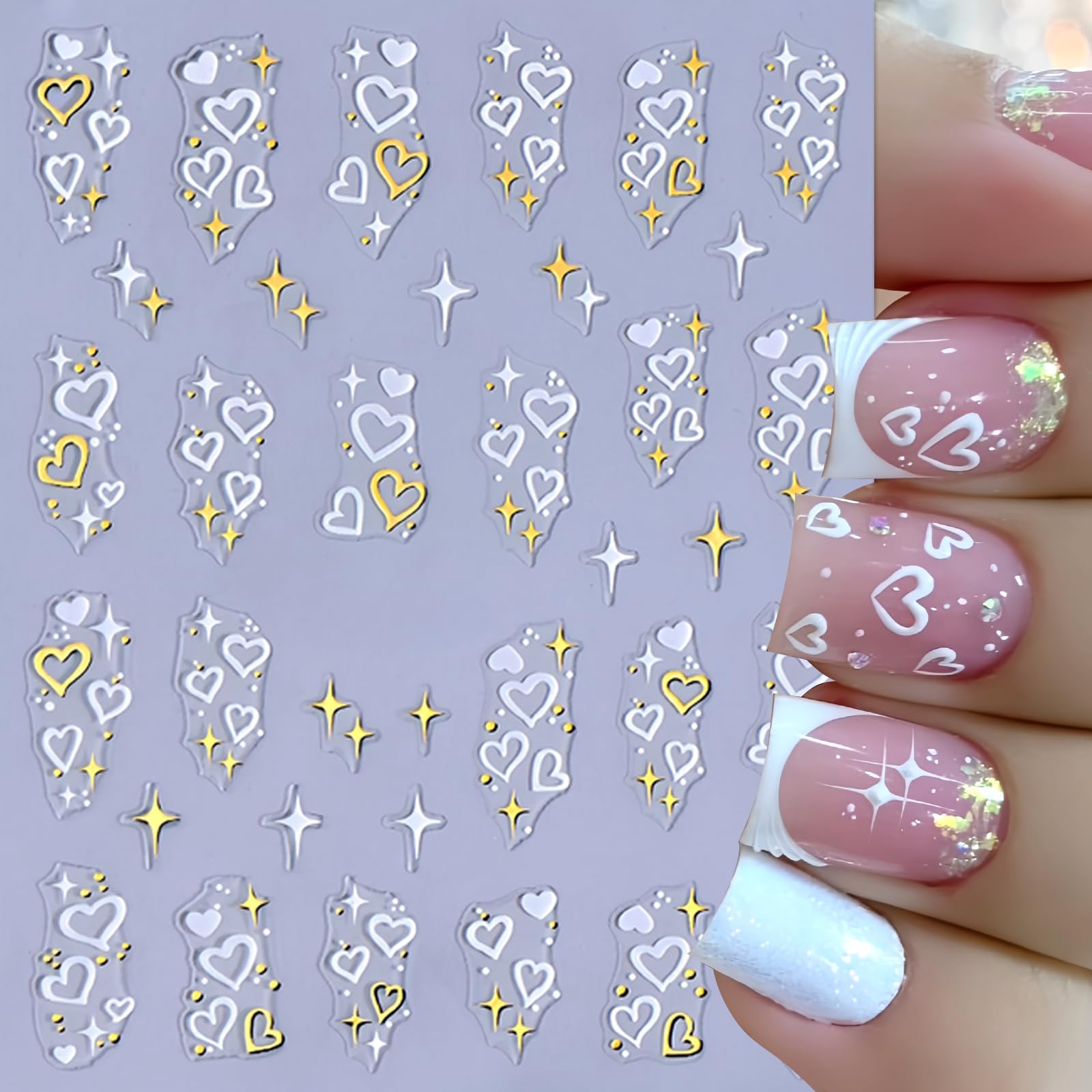 8 Sheets Heart Nail Stickers For Nail Art Black Gold Heart Love Nail Decals 3D Self Adhesive Metallic Love Letter Crown Nail Des