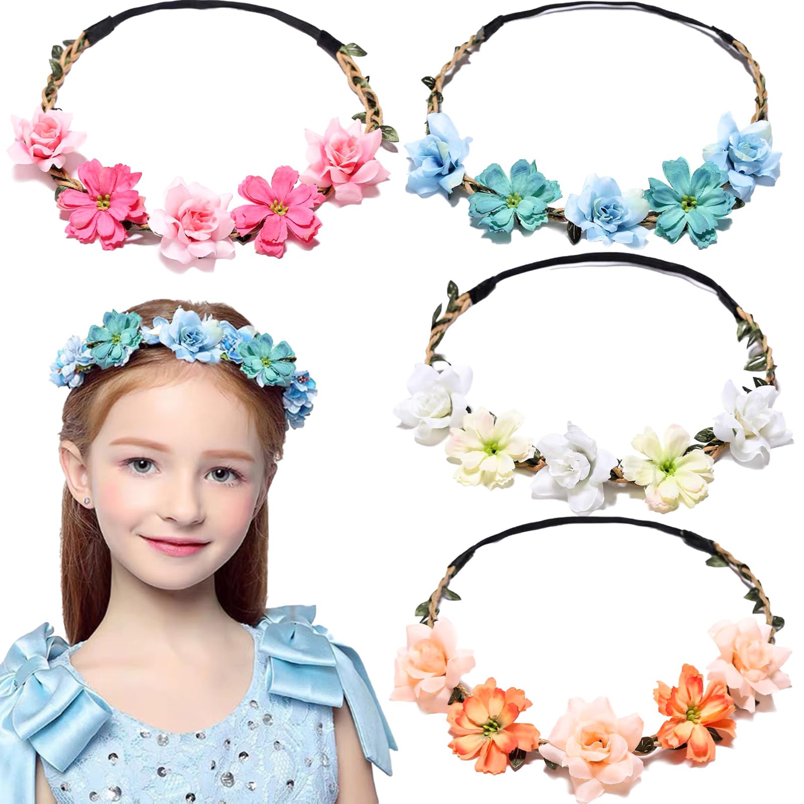 Ainvhh 4 Pcs Rose Gesang Wreath Floral Crown Headband Hair Wreath Adjustable Headpiece Halo for Bohemian Style Bride Bridesmaid 