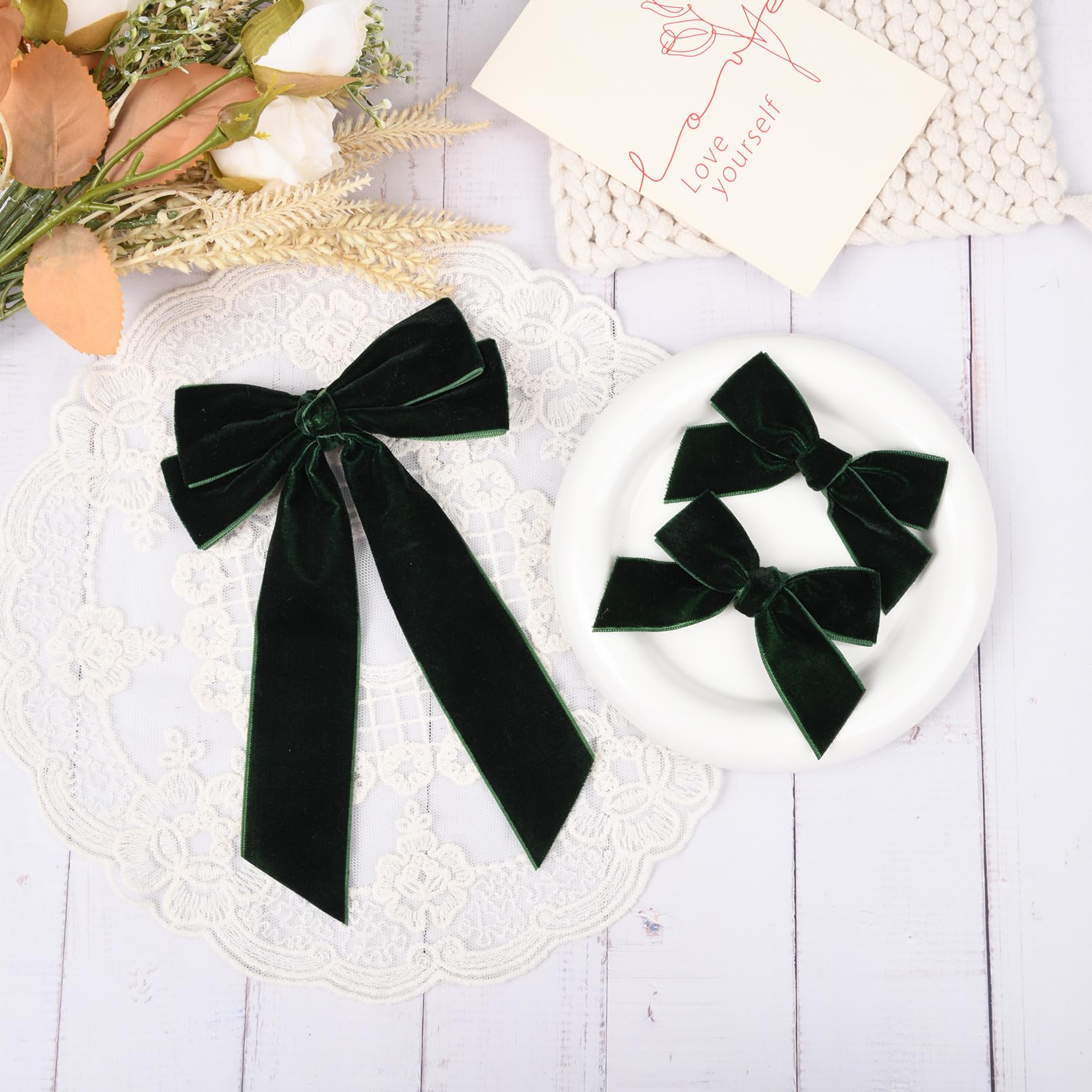 3 Pcs Velvet Bows Hair Clip Ribbon Green Accessories Ponytail Holder Hair Bow For Women Girls Toddlers Teens Kids