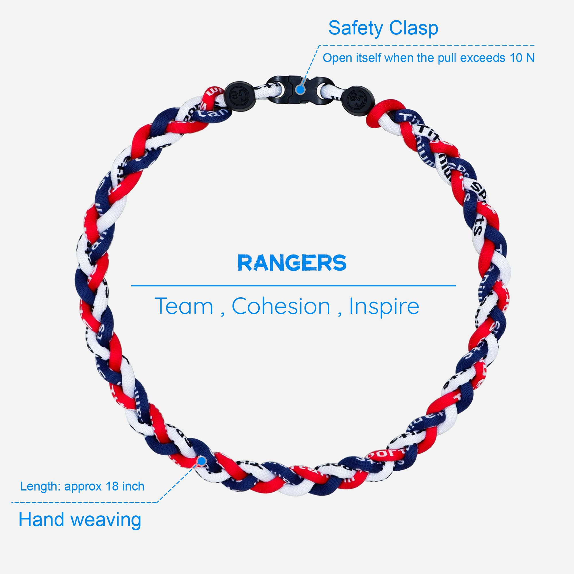 SUPBOMM Baseball Rope Necklaces, League Team Colors Braided Necklace, Baseball Team Gifts, Rangers