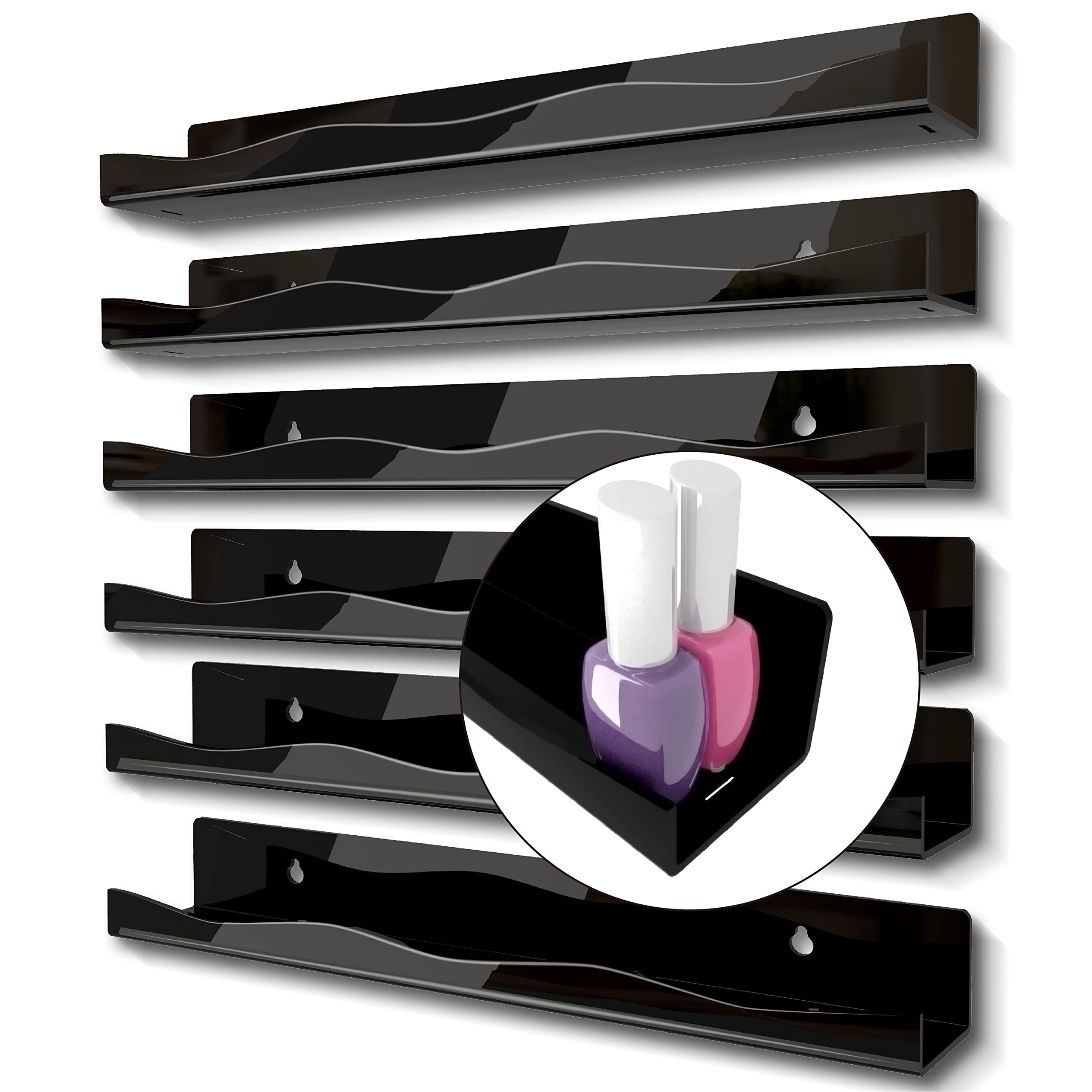 YMVV Black Acrylic Nail Polish Wall Racks,15 Increased Width Black Wall Mounted Shelves Nail Polish Organizer, Sunglasses Essent