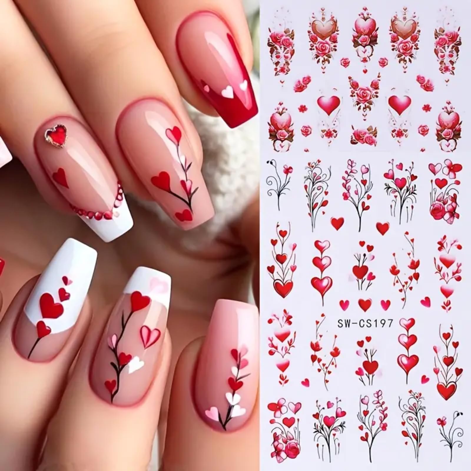 6 Sheets Valentines Day Nail Art Stickers 3D Self Adhesive Hearts Rose Love Car Nail Decals Romantic Design Acrylic Nail Sticker
