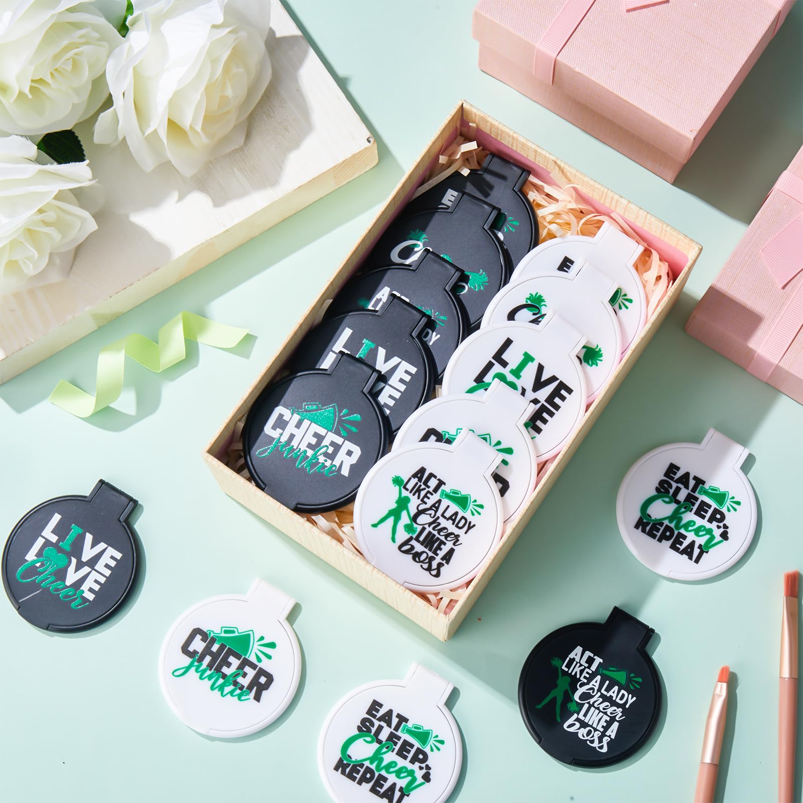 Wenqik 50 Pcs Cheerleader Mirror Gifts Cheerleading Compact Mirror Bulk Folding Pocket Mirror Cheer Party Favors For Team(Green