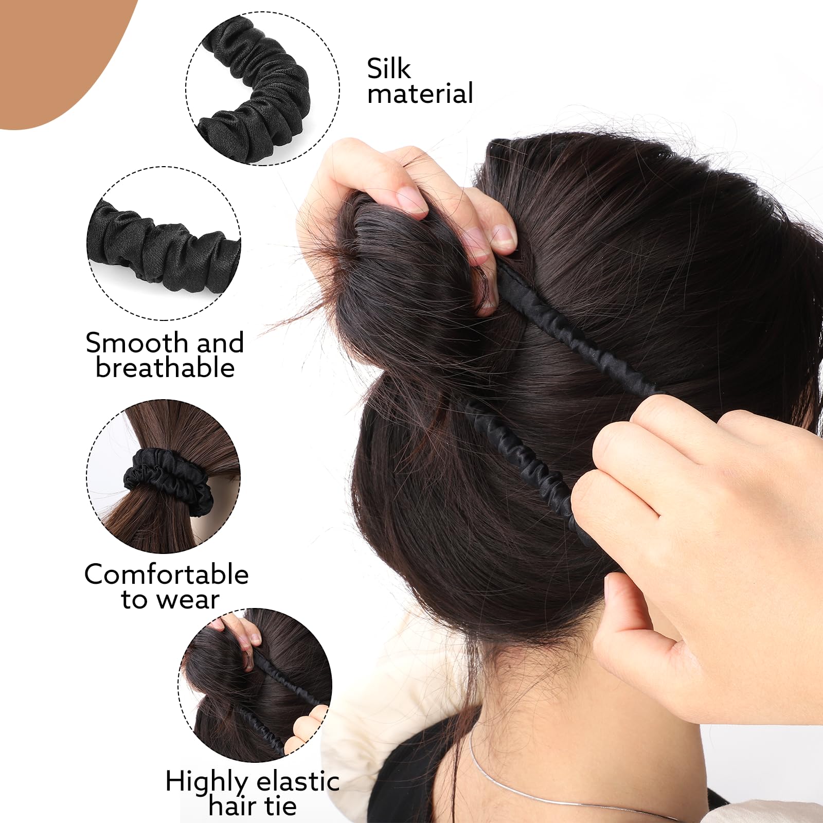 5 Pcs Silk Hair Ties, 100% Pure Mulberry Silk Hair Scrunchies Black Skinny Scrunchies Silk Ponytail Holders For Women Girls