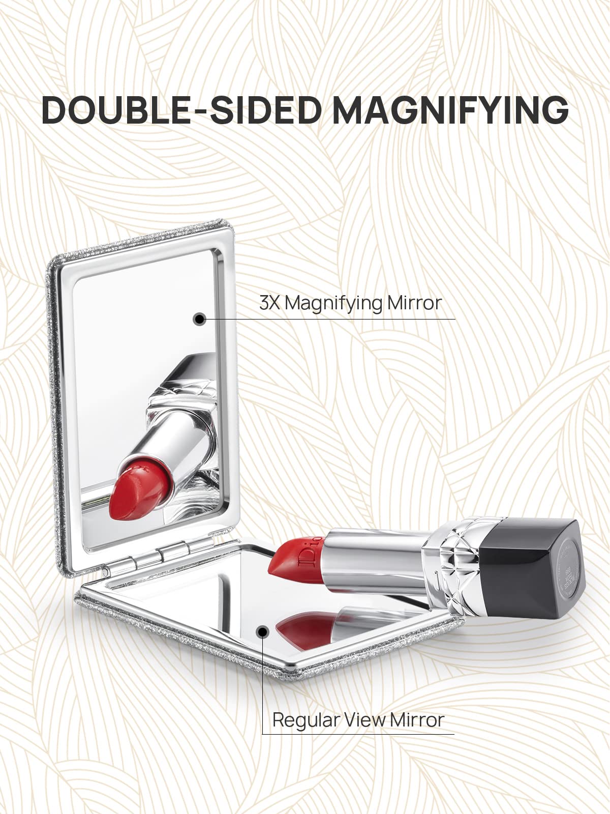 Omiro Compact Mirror, Glitter Pu Leather 1X/3X Magnification, Ultra Portable For Purses, 2.4'' W X 3.4'' L (Silver)