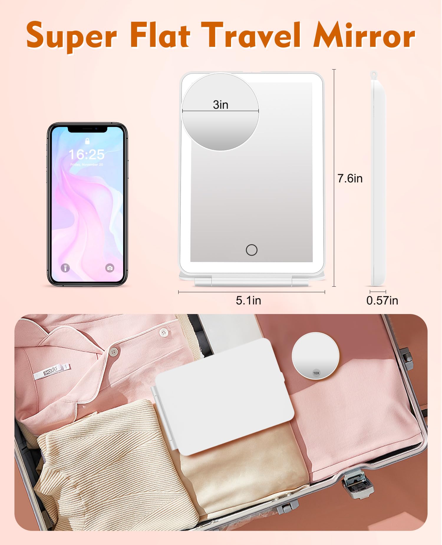 FUNTOUCH Rechargeable Travel Makeup Mirror with Lights and 10X Magnifying Mirror, Portable Lighted Vanity Mirror with 80 Led,200