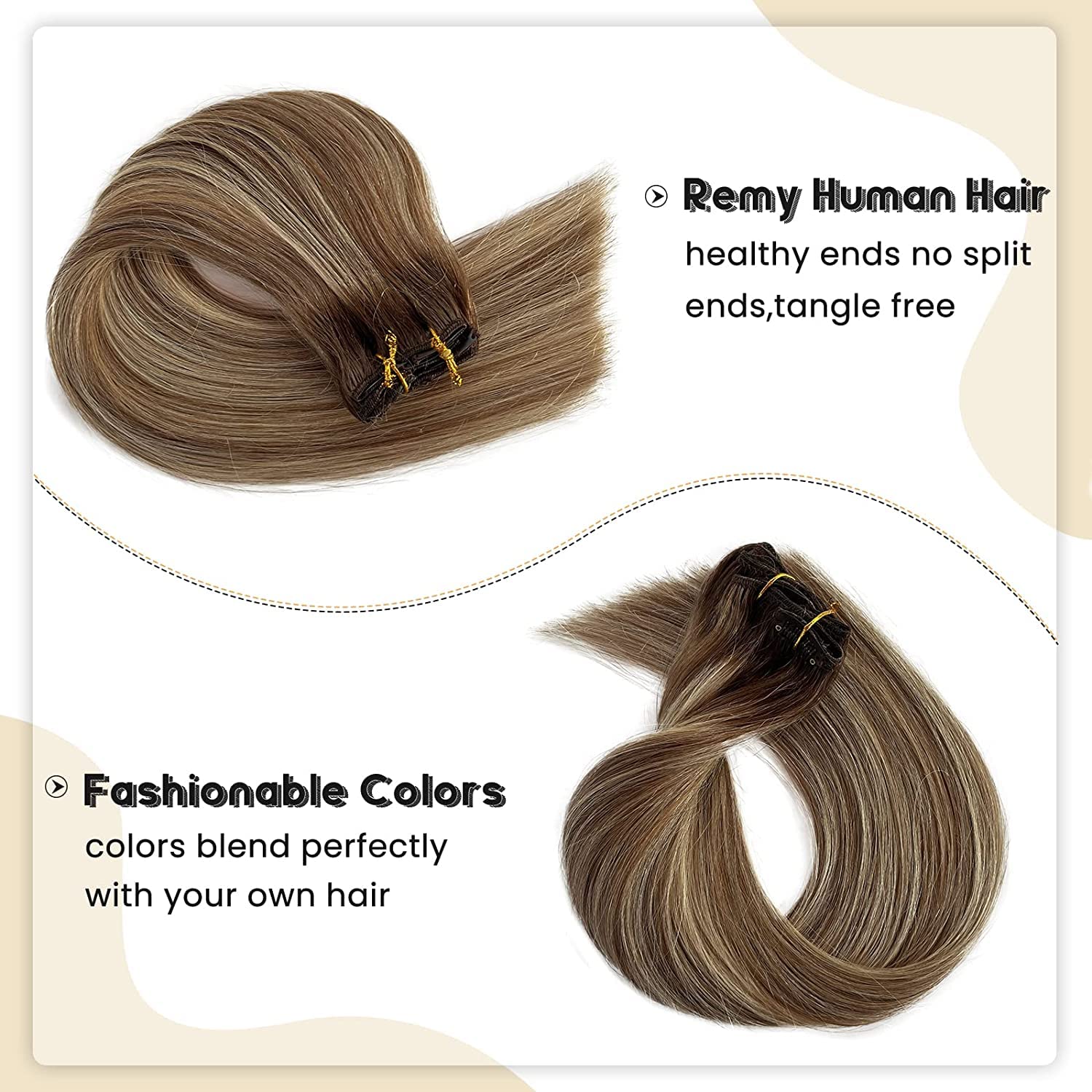 Clip In Human Hair Extensions, 16 Inch 70G 7Pcs Omber Ash Brown With Bleach Blonde Balayage Highlights 100% Real Human Hair Clip