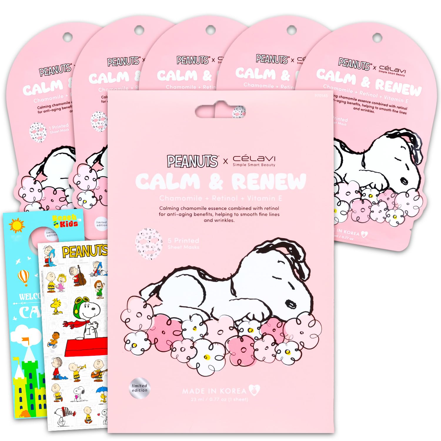 Peanuts x Celavi Face Mask 5 Pack  Bundle with 5 Snoopy Sheet Masks Made in Korea with Chamomile, Retinol, Vitamin E for Smooth