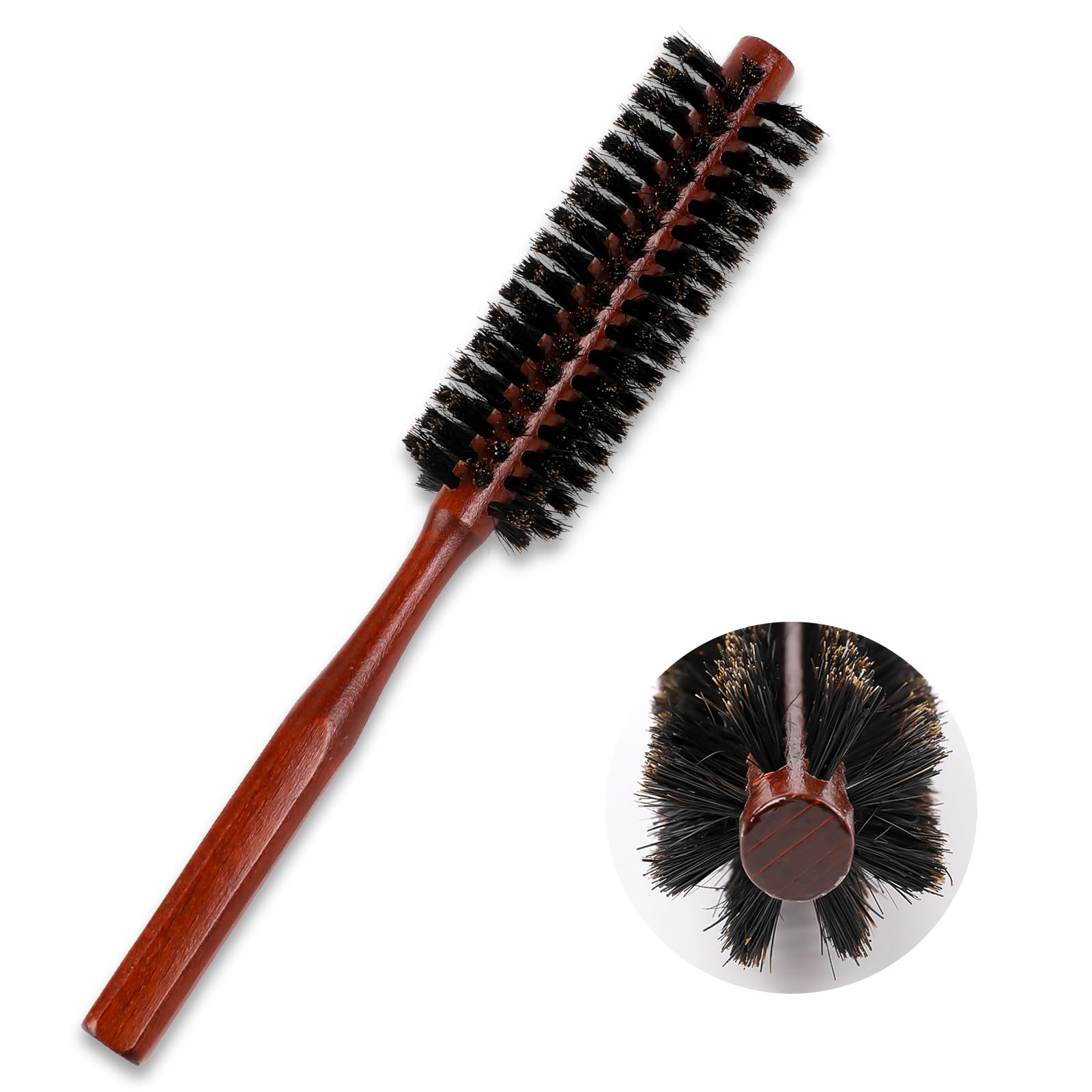 Small Boar Bristle Hair Brush, Portable Round Natural Bristle Travel Brush with Wood Handle for Thin or Short Hair, Adding Volum