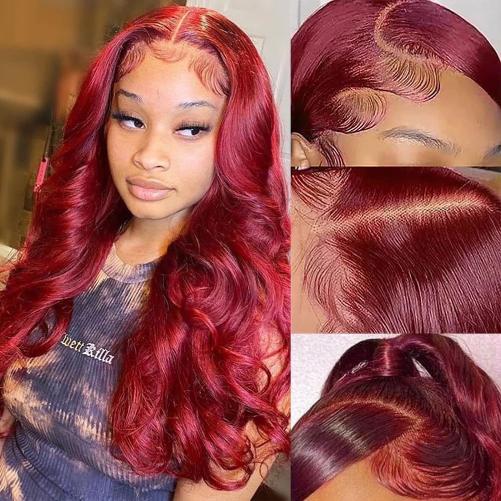 Avolo 99J Burgundy Lace Front Wigs Human Hair Pre Plucked Red Colored Human Hair Lace Front Wigs Body Wave 180% Density 13X4 HD 