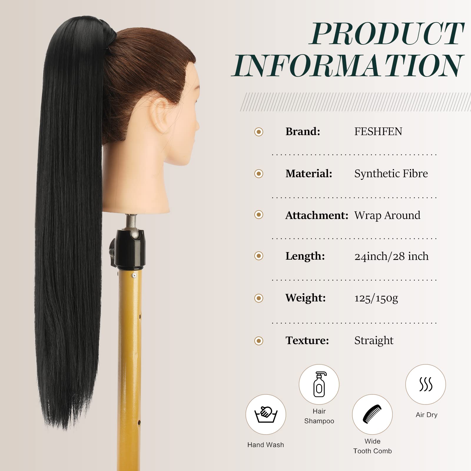 Feshfen Straight Long Ponytail Extensions 24 Inch Black Wrap Around Synthetic Ponytails Hair Piece Pony Tail Hair Extensions Hai