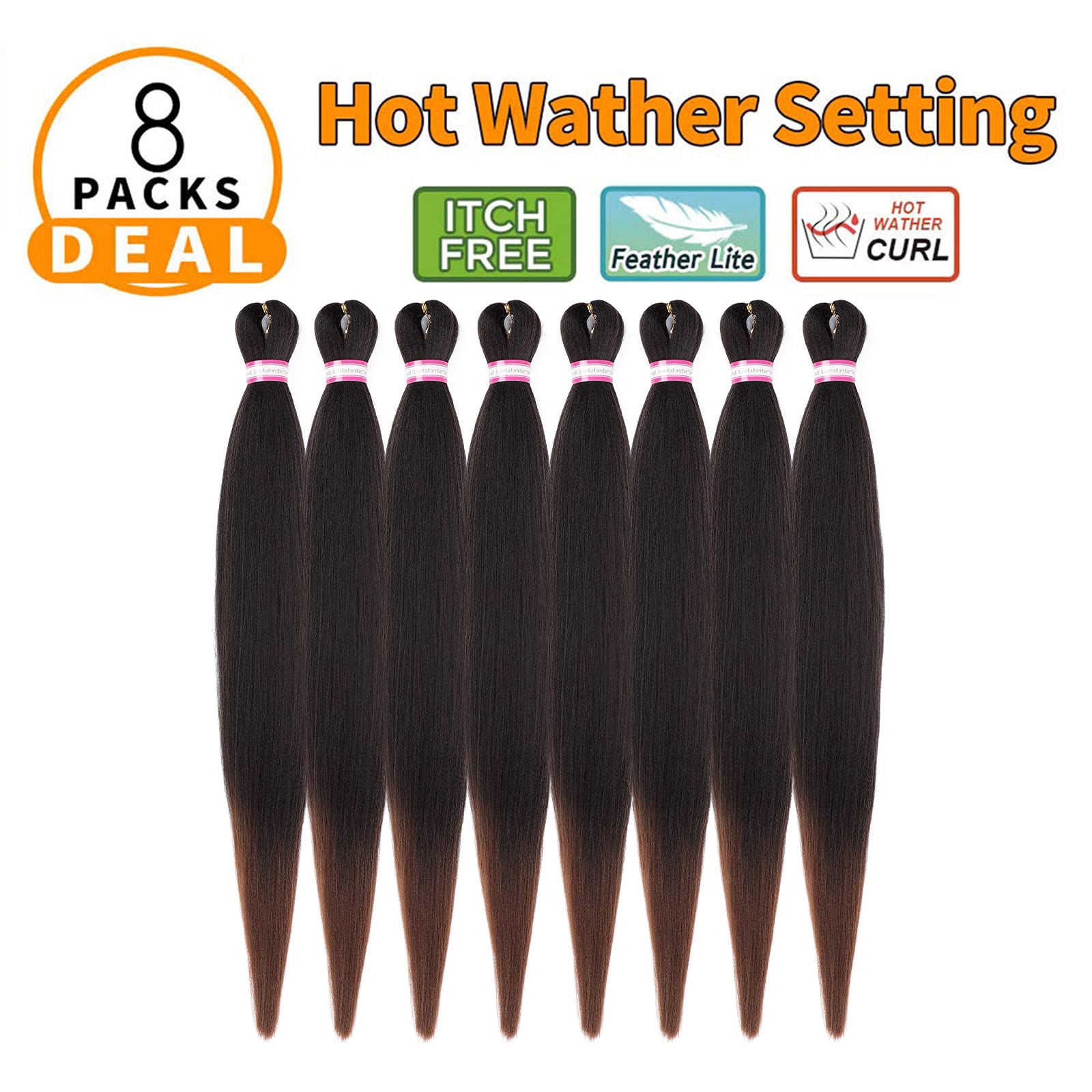 Pre Stretched Braiding Hair 8 Packs 36 Inch Natural Black To Brown Color Long Pre-Stretched Hair For Braiding Twist Braids Itch