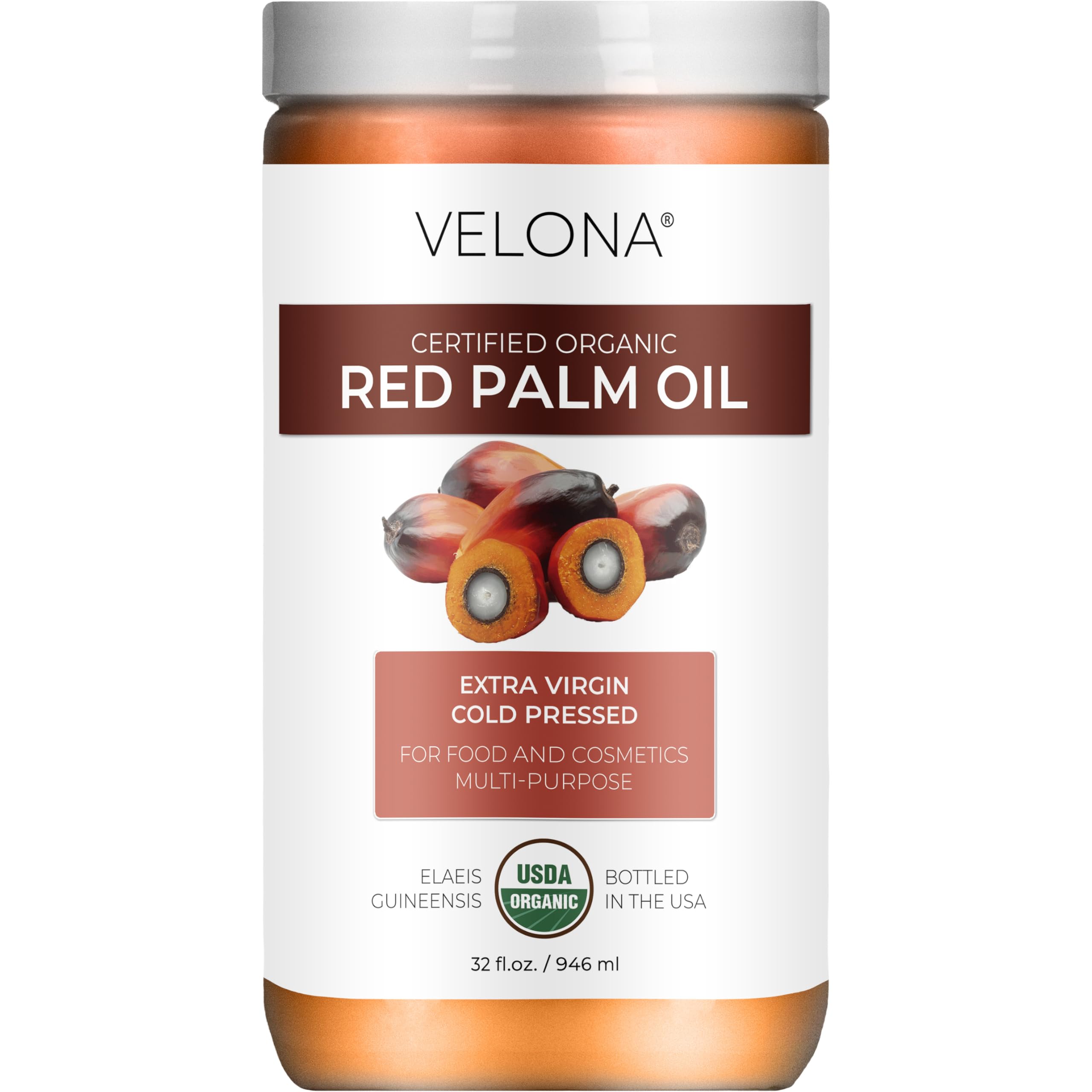 velona USDA Certified Organic Red Palm Oil 32 Fl Oz | Food and Cosmetic Grade | in jar | Extra Virgin, Cold Pressed | Skin, Face