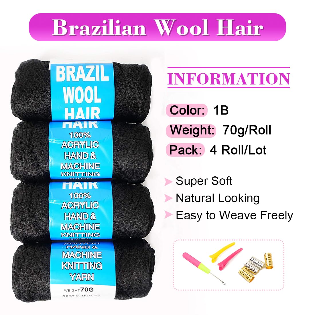 100% Brazilian Wool Hair Acrylic Yarn For African Braids/Senegalese Twist/Faux Locs/Wraps With Crochet Hook(4 Roll, Natural Blac