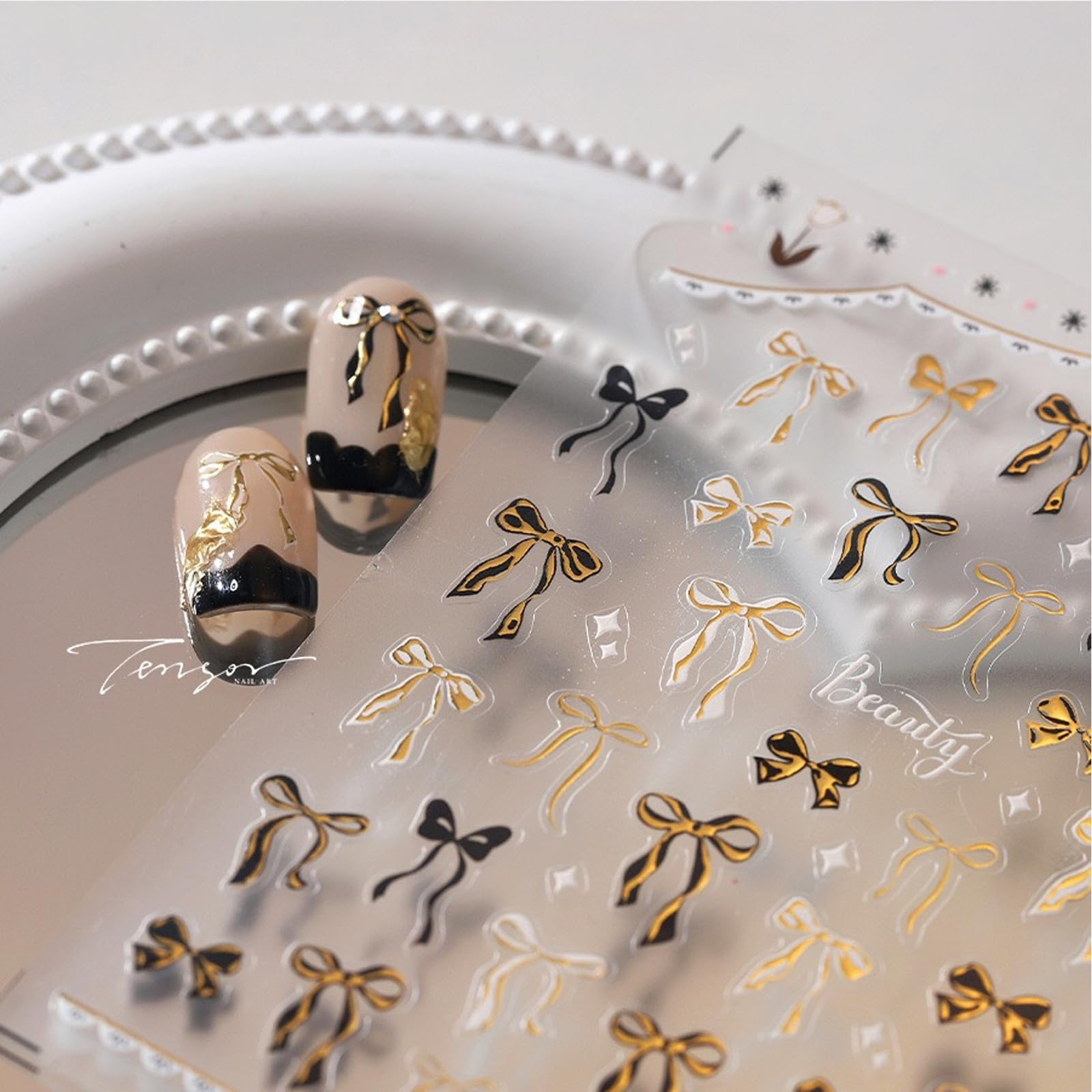 Gold Black Bow Nail Art Stickers Valentines Stickers 5D Embossed Bowknot Nail Stickers Cute Self-Adhesive Silver Ribbon Decals F