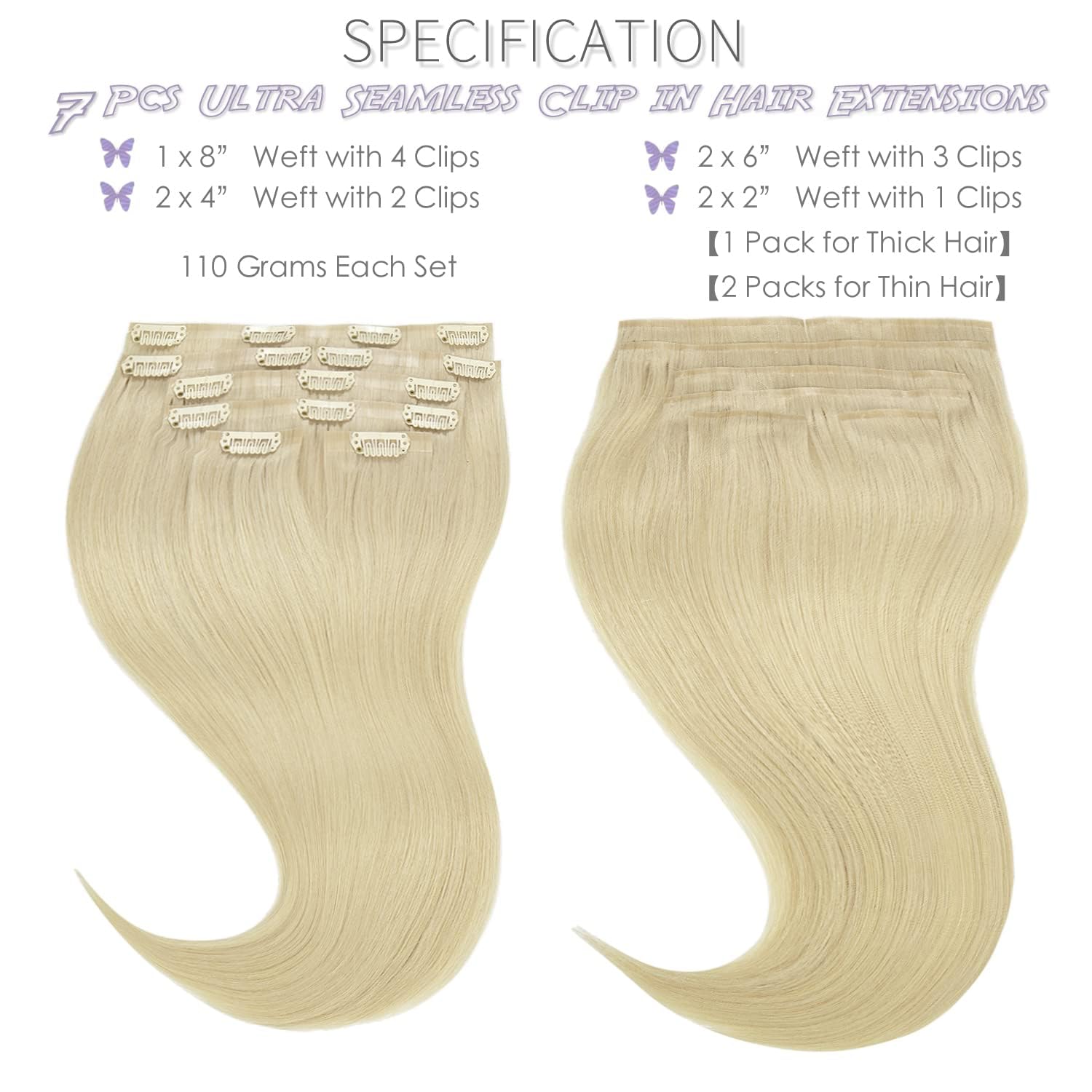 Lacer Hair Seamless Hair Extensions Clip In Human Hair 18 Inch 110G #60A Platinum Blonde Invisible Thin Soft Tape Weft Silky Str