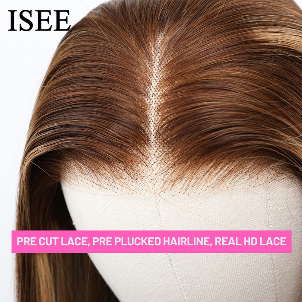 Isee Wear & Go Glueless Wig Highlight Brown Wigs Silky Straight Pre-Plucked 4X6 Hd Transparent 4/27 Honey Blonde Lace Frontal Wi