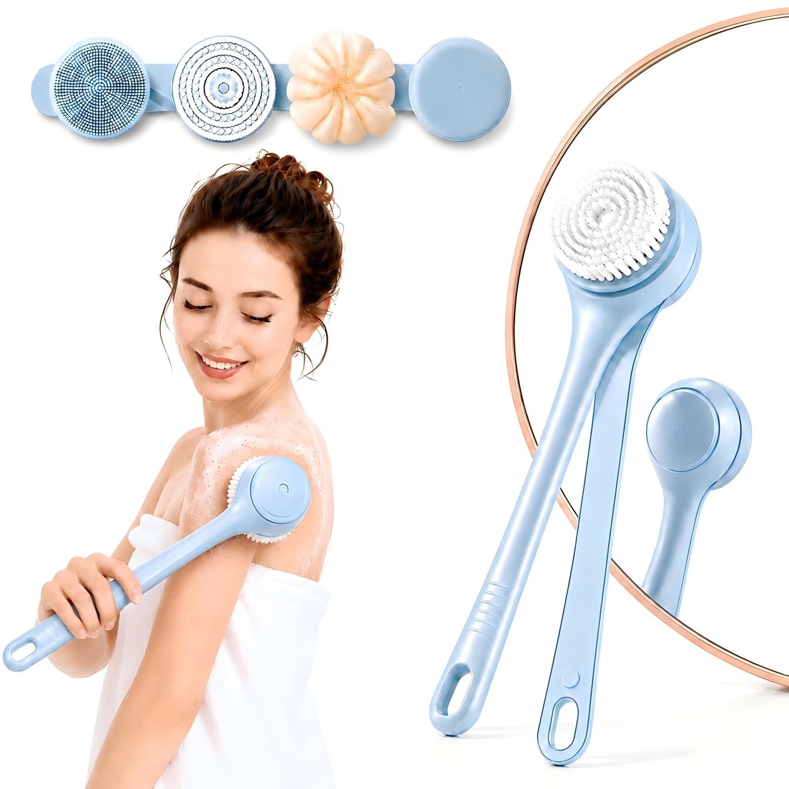 Voivey Electric Body Brush Back Scrubber for Shower, Waterproof Long Dual Handle Power Body Scrubber with 4 Heads, Bath Brush & 