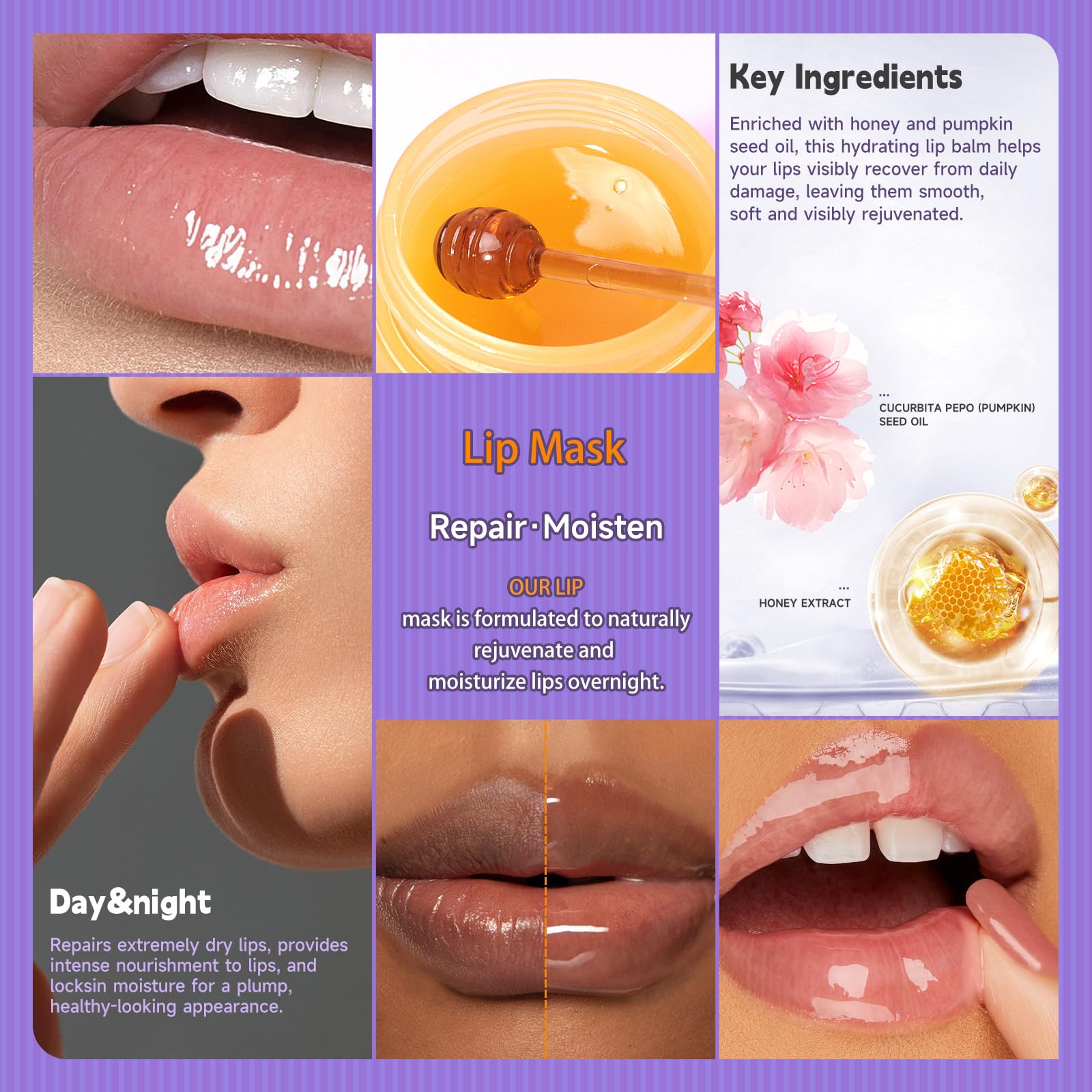 Tiejdhr Honey Lip Mask Overnight, Fade Lip Lines Bee Lip Balm, Honey| Day Repair Lip Sleeping Masks, Natural Lip Enhancer Care S