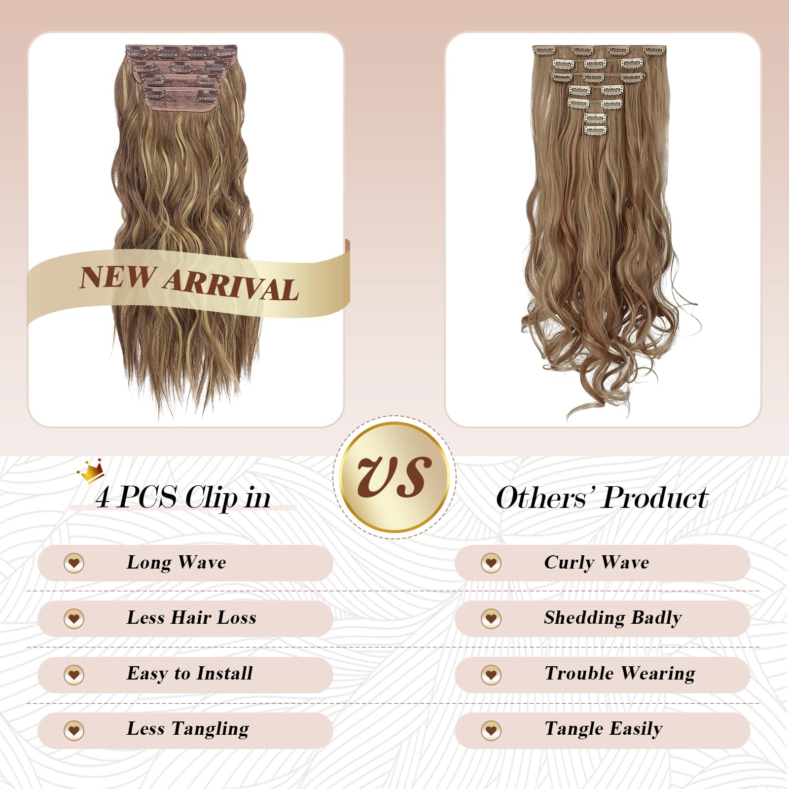 Feshfen Clip In Hair Extensions 4 Pcs Light Brown & Blonde Thick Highlighted Hairpieces Long Wavy Clip In Hair Piece Full Head S