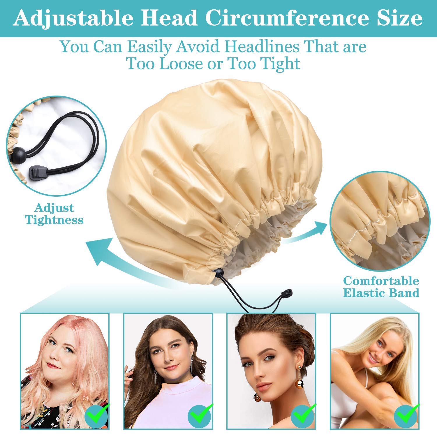 3 Packs Shower Caps For Women Reusable Waterproof Double Layer Extra Large Adjustable Bath Cap Leakproof For All Hair Lengths St