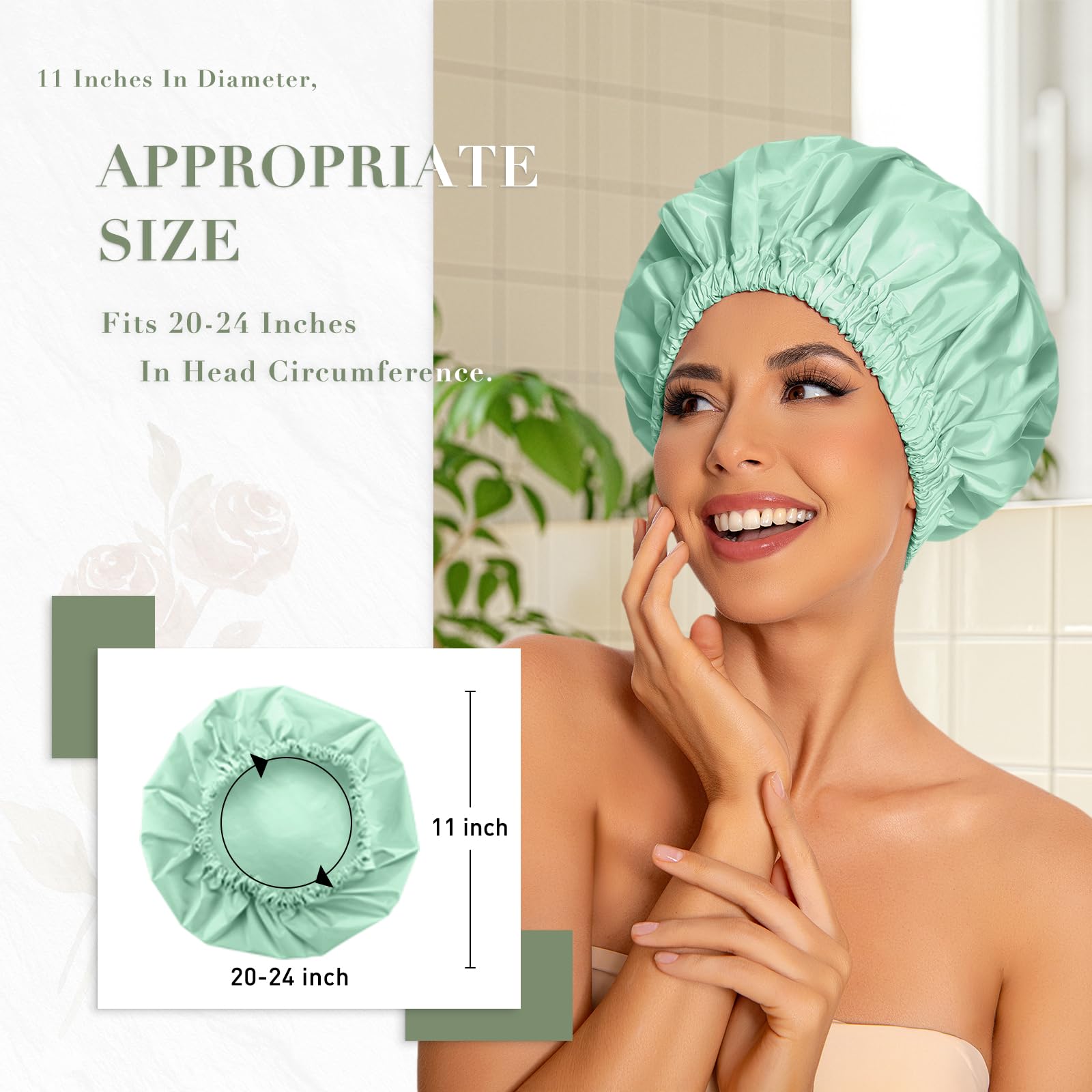 Reusable Shower Cap For Women, Large Waterproof Shower Bonnet Washable Elastic Band Bath Hair Hat For Long Hair, Braids(Green Be