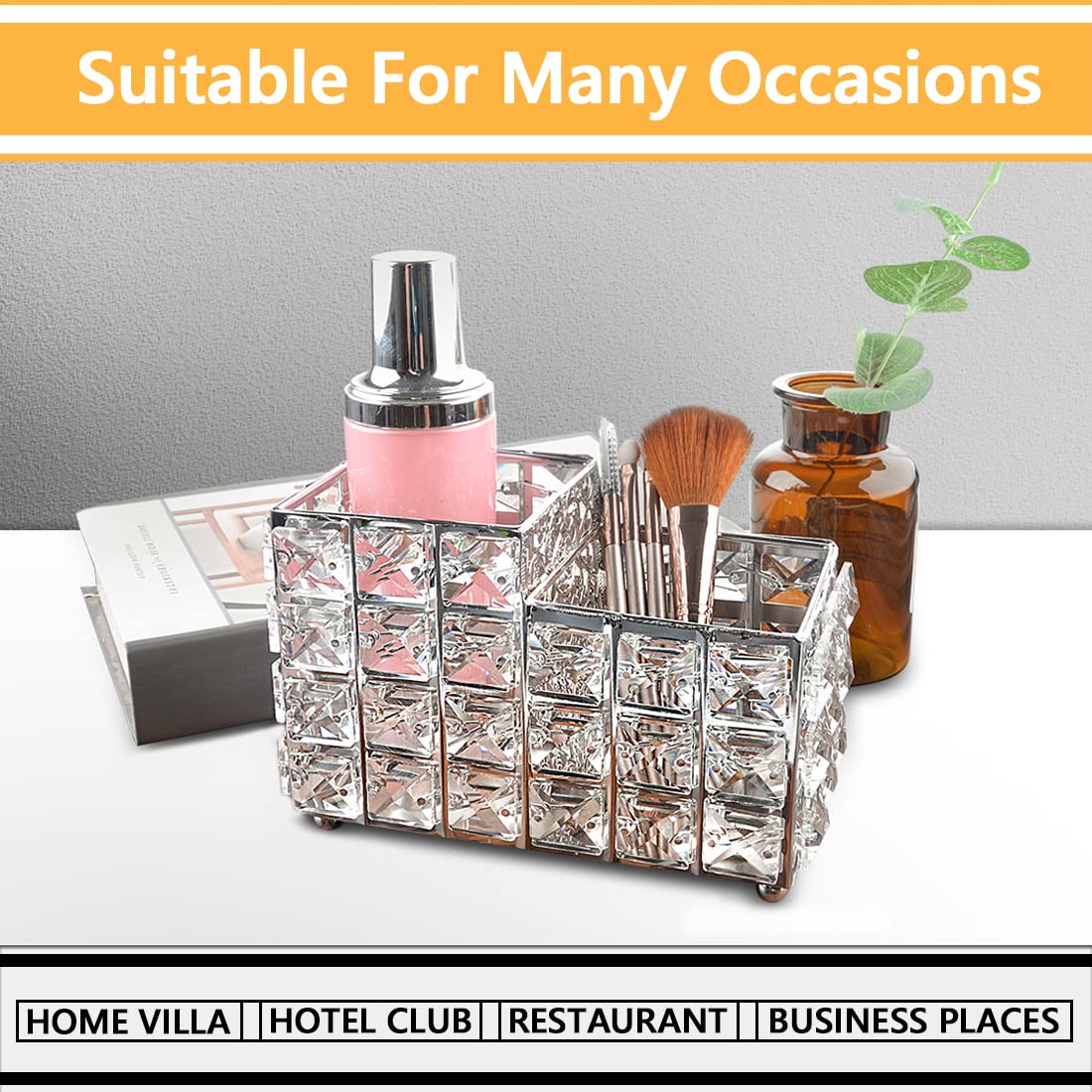 Luexbox Crystal Makeup Brush Holder, One-Piece Square Brush Organizer, Cosmetics Brush Storage Container For Table, Dresser, Bat