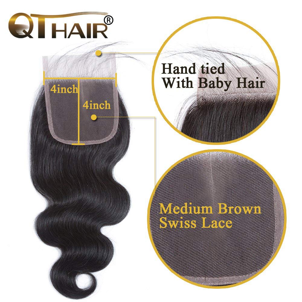 Qthair 12A Transaparent Color Lace Closure Brazilian Body Wave 4''X4'' Free Part Human Hair Lace Closure 100% Unprocessed Brazil