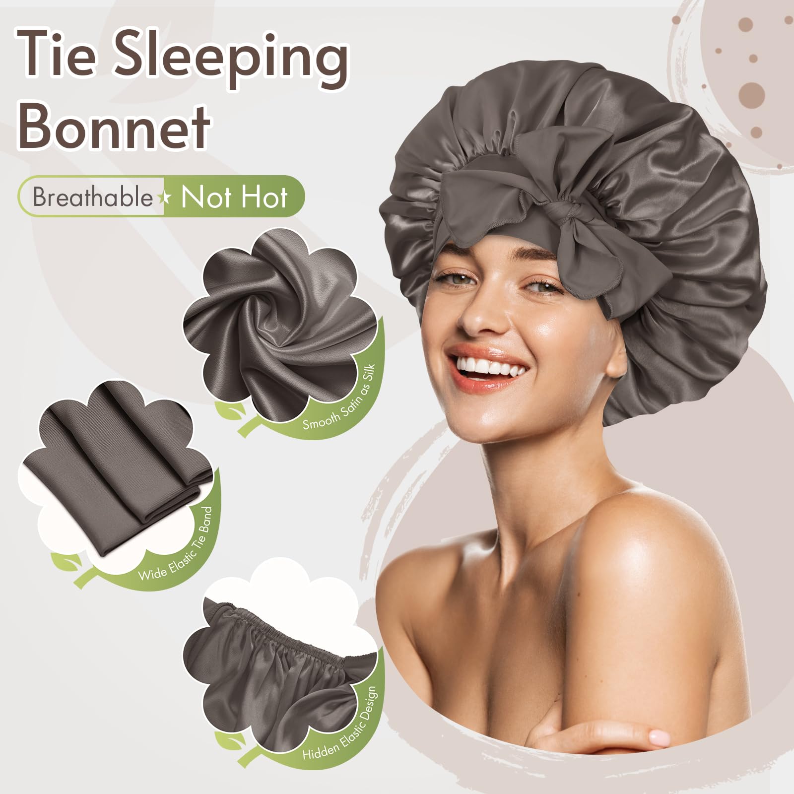 BONNET QUEEN Satin Bonnet Silk Bonnet for Sleeping Women Hair Bonnet Night Sleep Cap Scarf wrap for Curly Hair with tie Band Gra