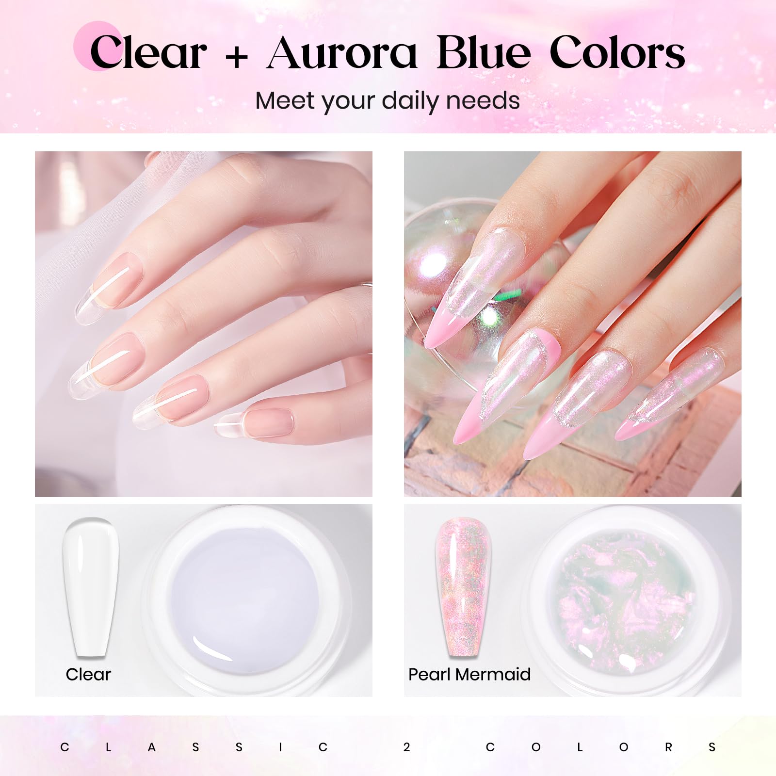 Mizhse Solid Builder Gel, Aurora Pink & Clear Hard Gel For Nails, Non-Sticky Building Gel Sculpting Gel 3D Gel Nail Mermaid Pear